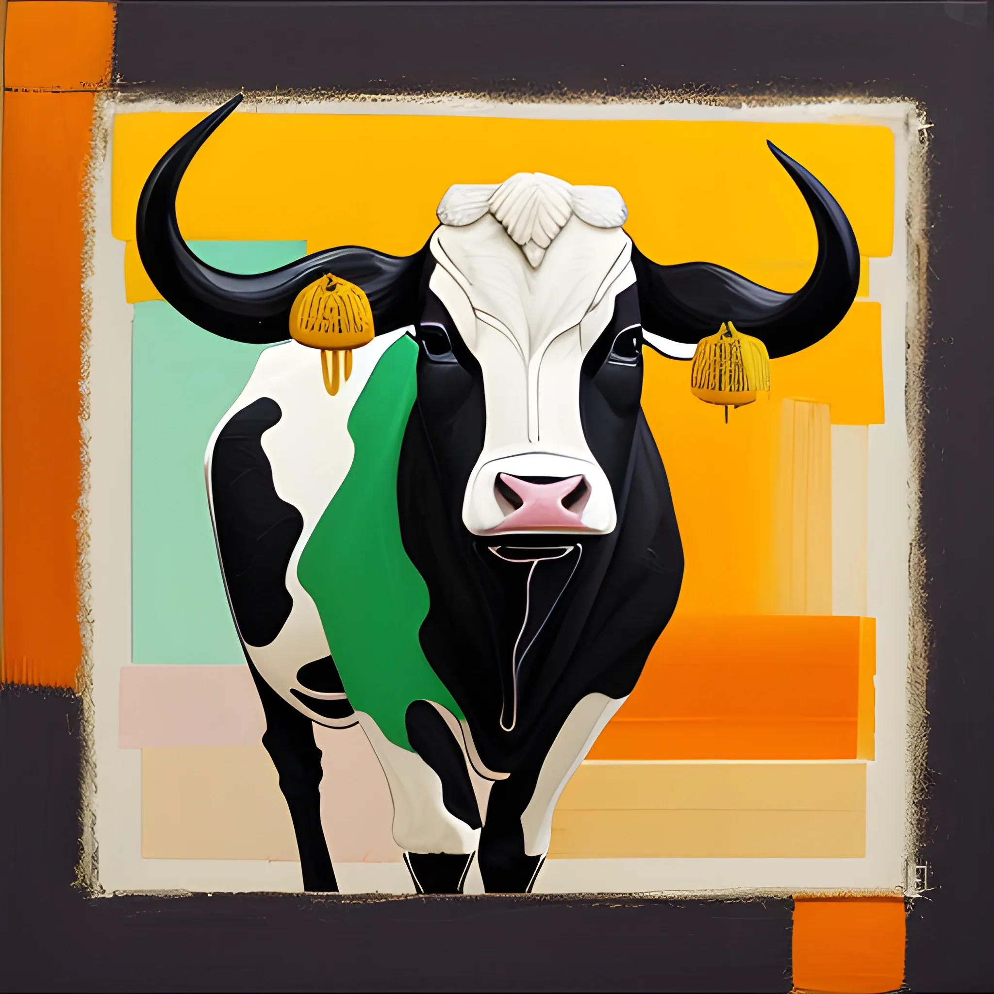 This is a dynamic abstract painting depicting cows as the subject. The background is layered with deep hues, conveying a sense of blurry impression. At the center is a distorted black cow figure, expressing a sense of strength. The cow's form is depicted with thick, textured brush strokes, conveying the texture of the skin. The horns and hooves are accentuated with sharp lines, contrasting strongly against the background. Following the cow are swirling blocks of color, like dust kicked up as the cow runs. The blocks are collaged with warm hues of orange, yellow and cool hues of green, blue, creating a sense of motion. The overall composition is unrestrained and saturated, with strong visual impact, conveying the characteristics of abstract art.
