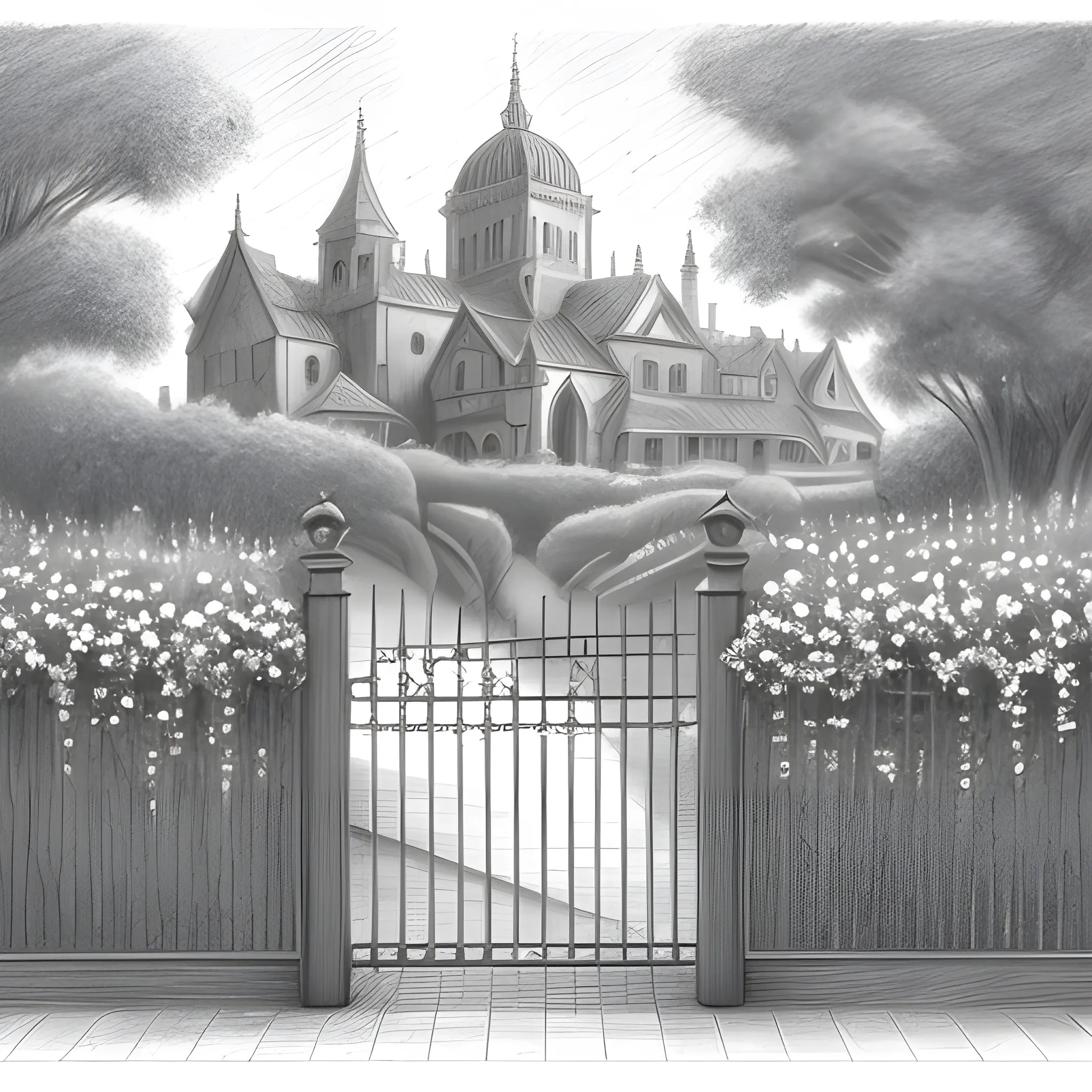 , Pencil Sketch Fence door dark academia with flowers and a city 19's century 