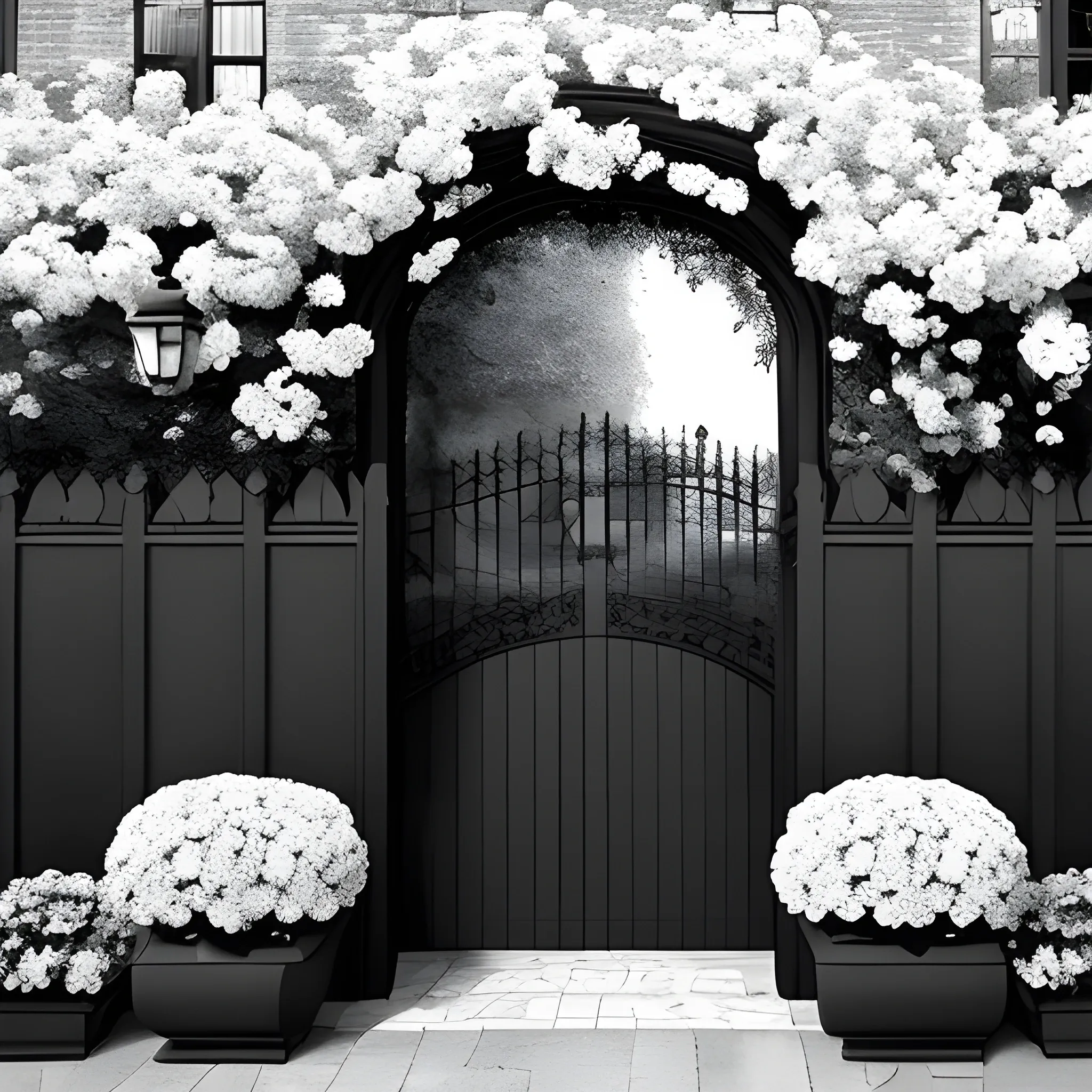 ink black an white Fence door dark academia with flowers and a city 19's century 