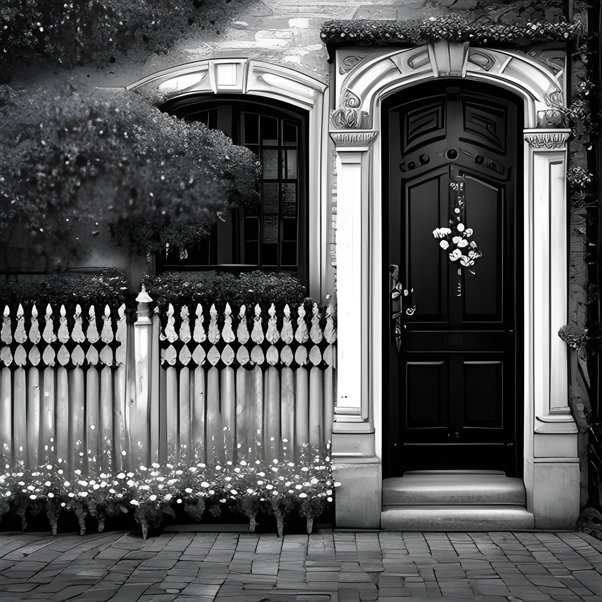 ink black an white Fence door dark academia with flowers and a city 19's century 