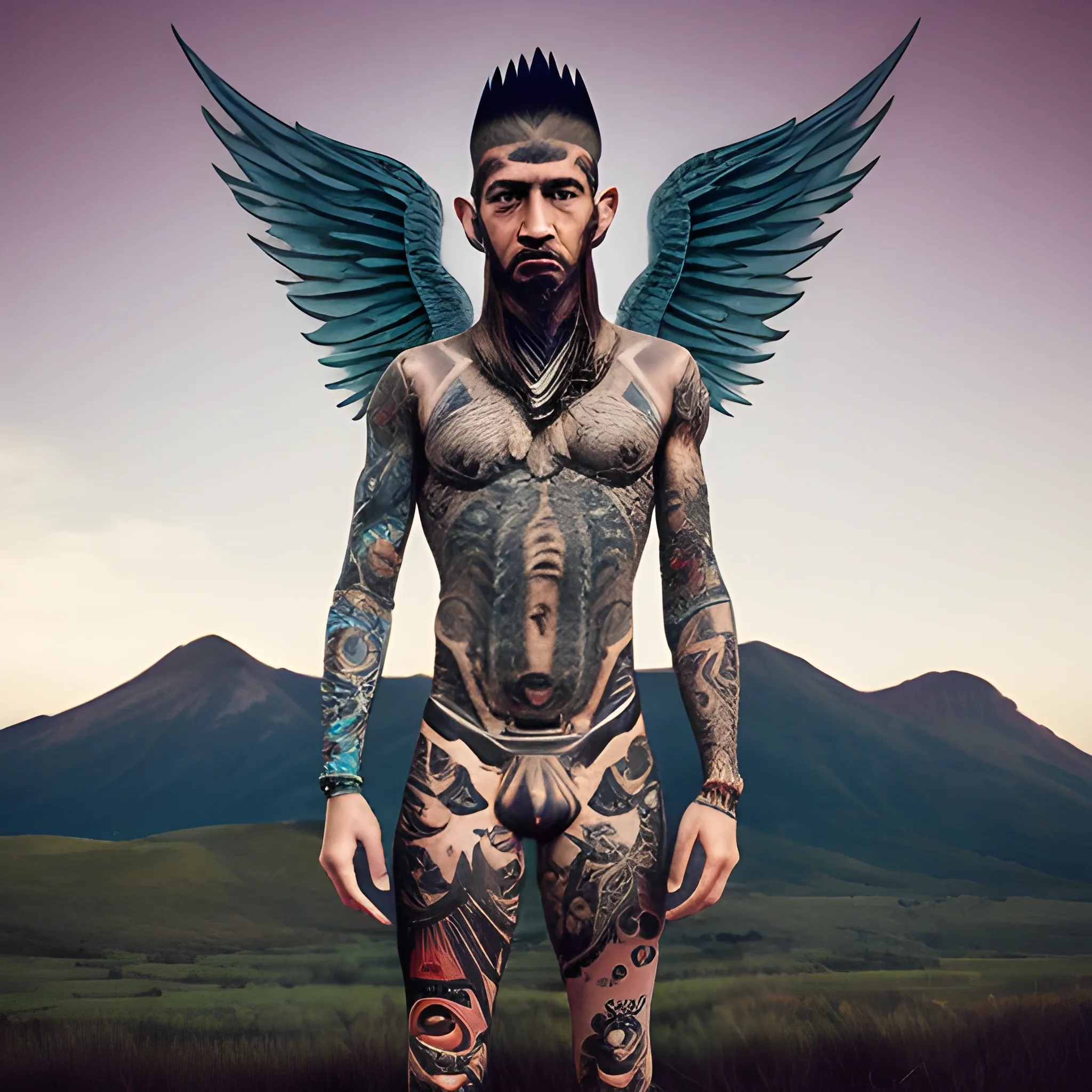 full length, landscape-body-tatoo , athmospher, angel, skin-man, falos, leon-hunter tribe,, Trippy