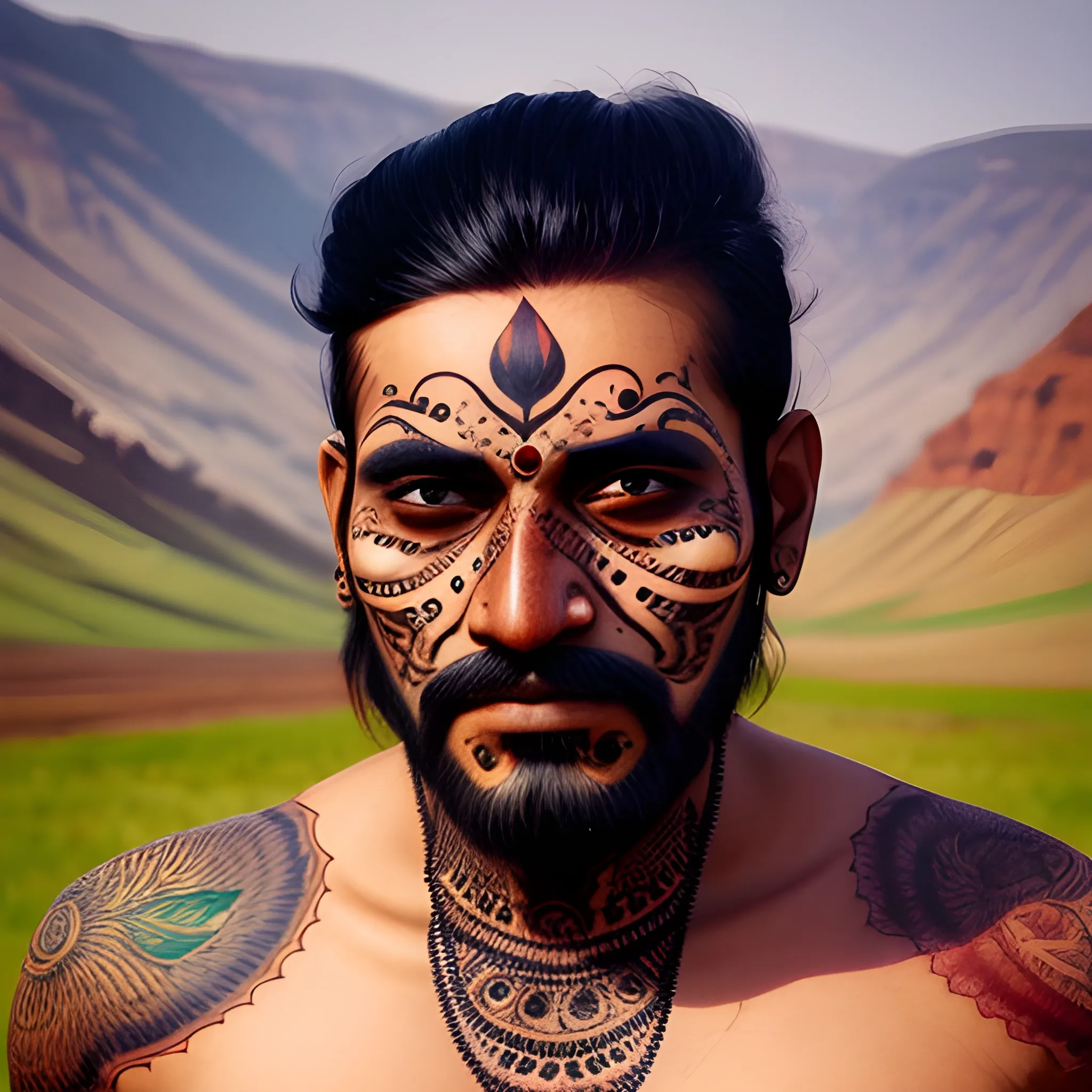 face of indian. landscape-body-tatoo , athmospher, skin-man,  Trippy