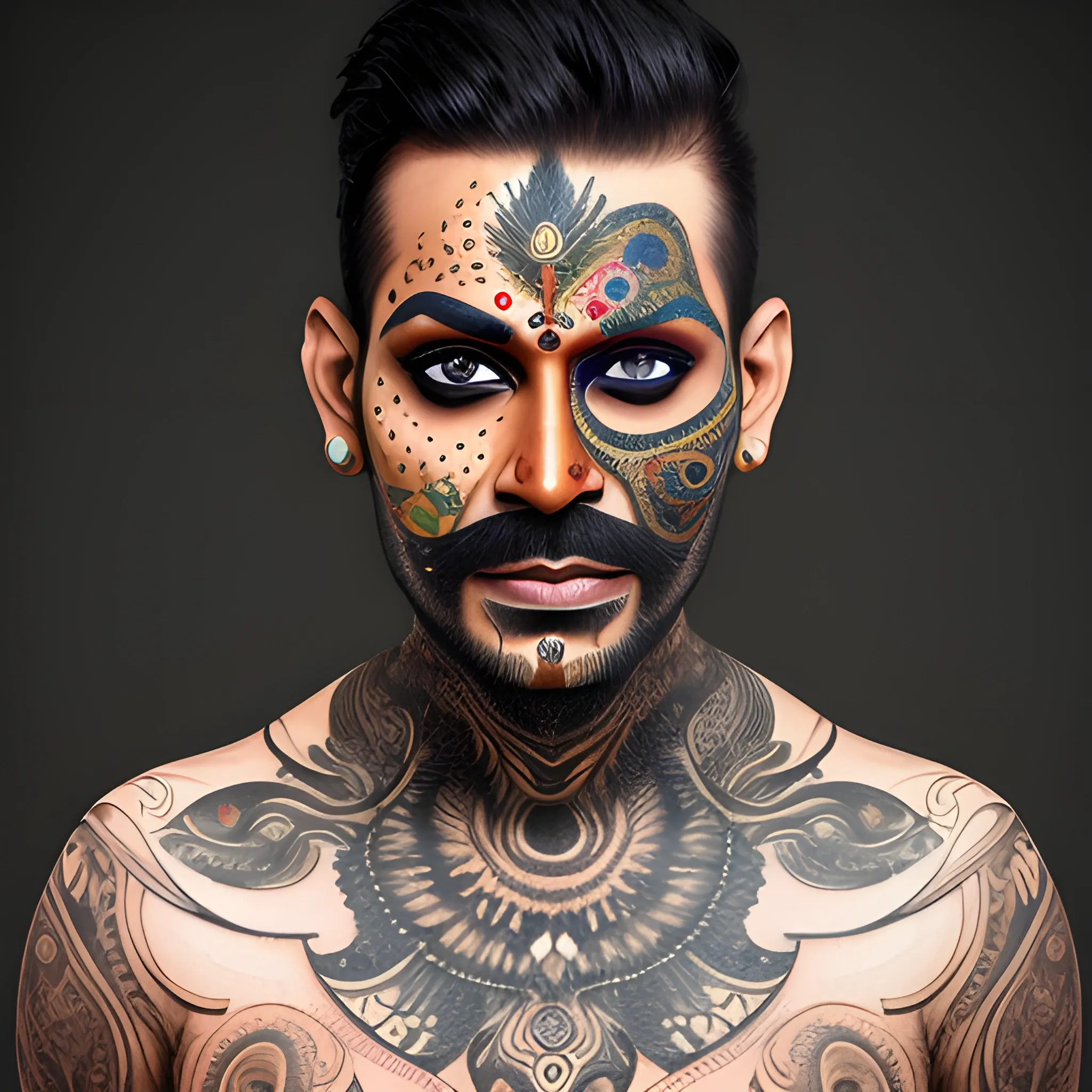 face of indian-cheaf. landscape-body-tatoo , athmospher, skin-man,  Trippy
