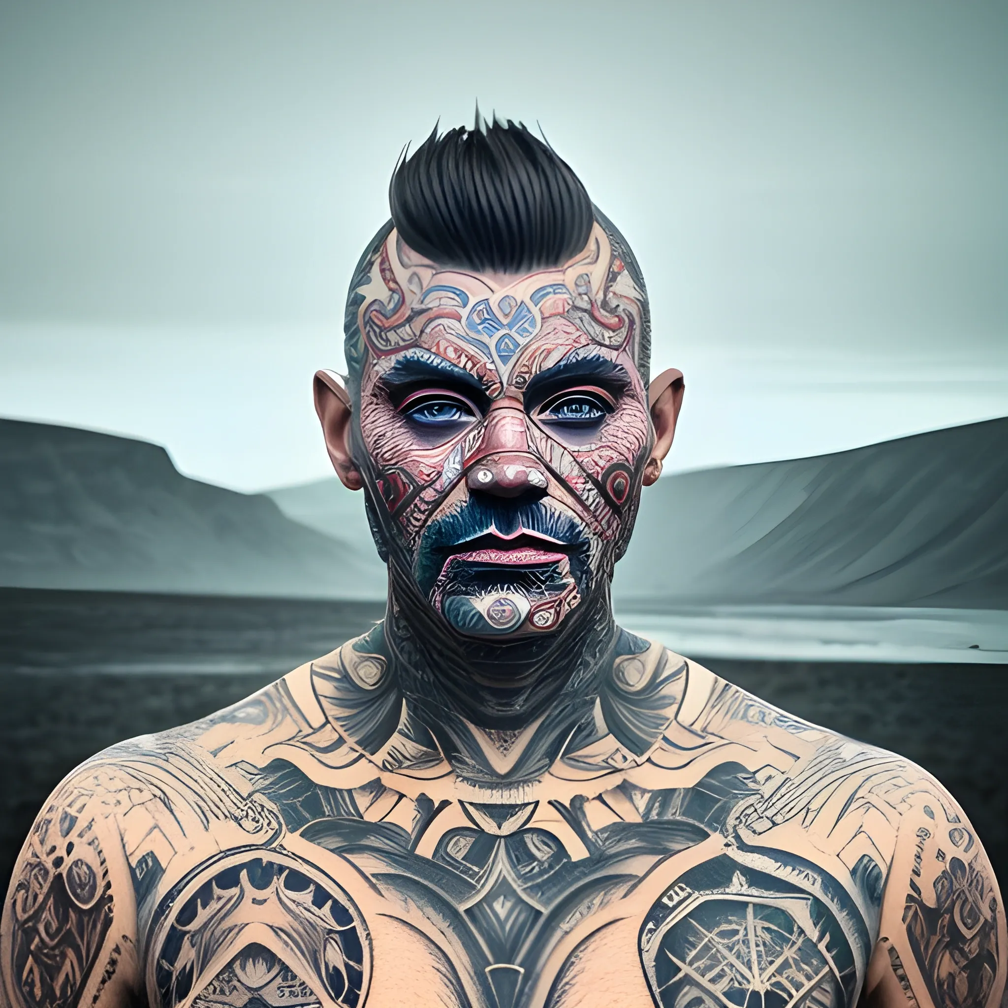 face of cheaf. landscape-body-tatoo , athmospher, skin-man,  Trippy