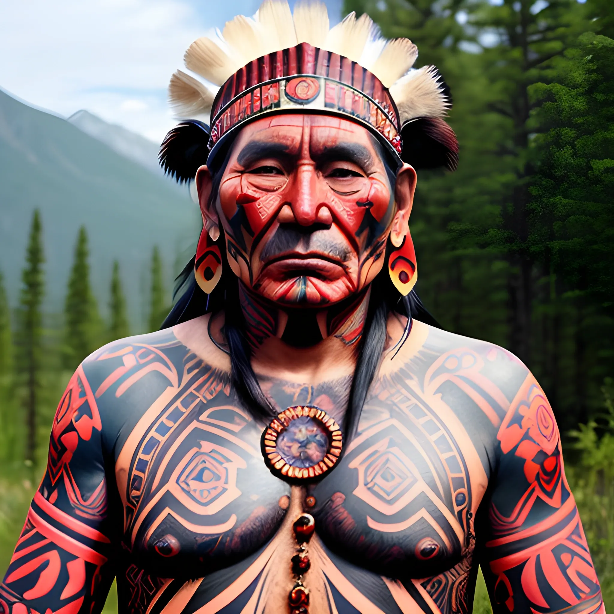 face of chief redskin man. landscape-body-tatoo , athmospher, Trippy