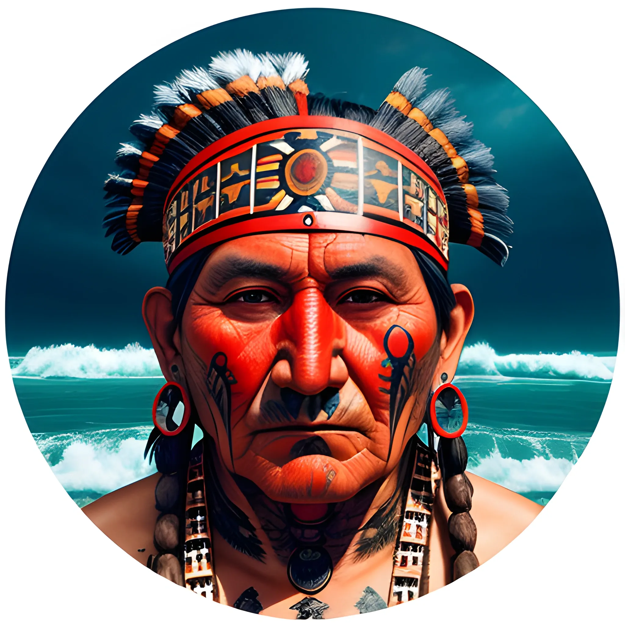 face of chief redskin man. landscape-body-tatoo, sea,
athmospher, Trippy