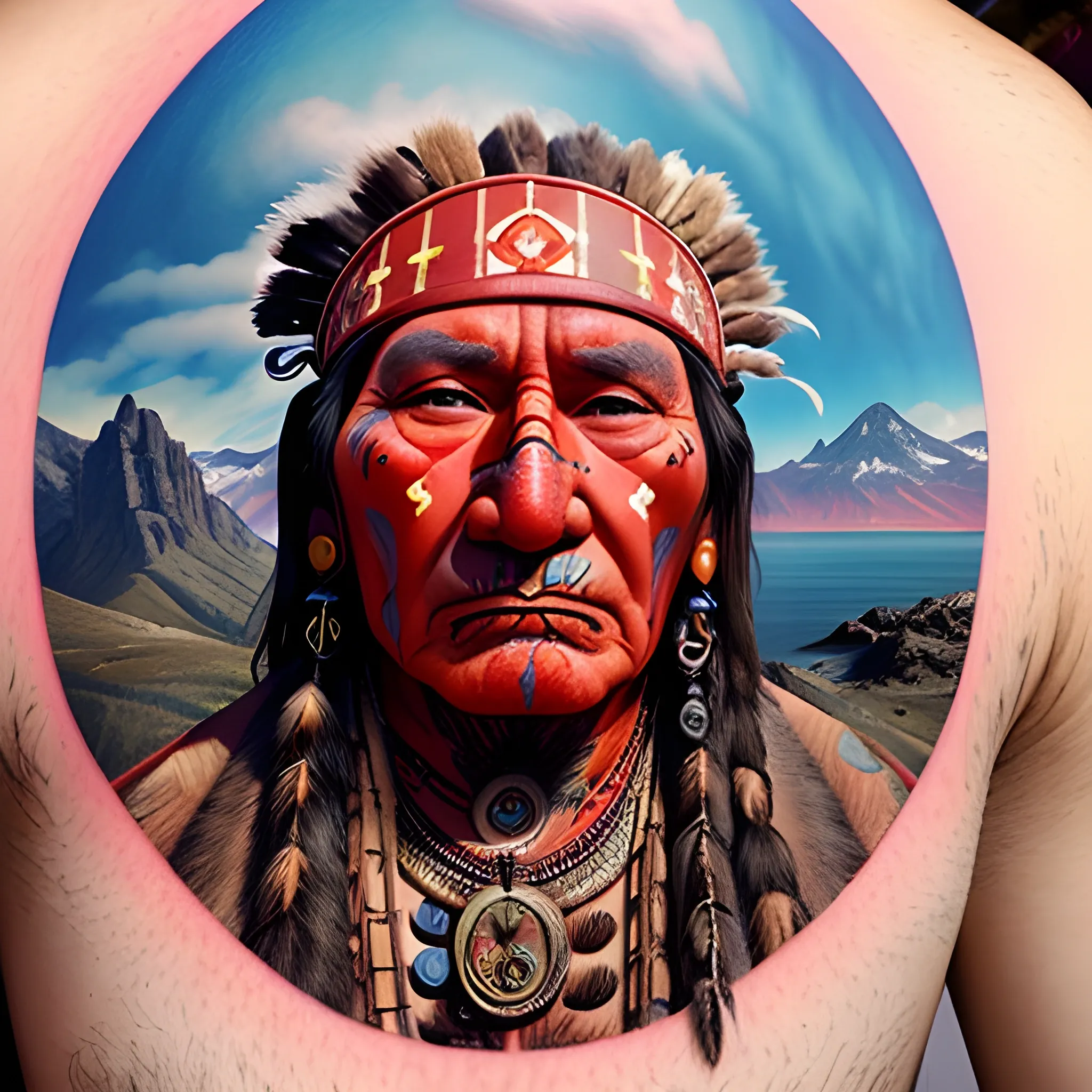 face of chief redskin man. mountin landscape body-tatoo, sea,
athmospher, cloucs Trippy