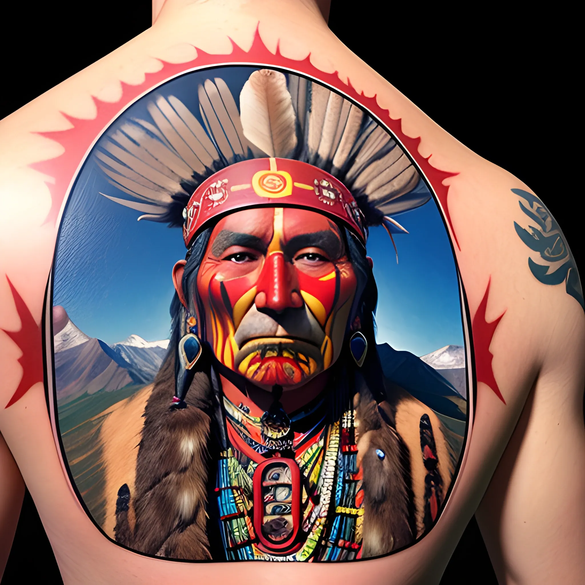 face of chief redskin man. mountin landscape-body-tatoo,
athmospher, cloucs, Trippy
