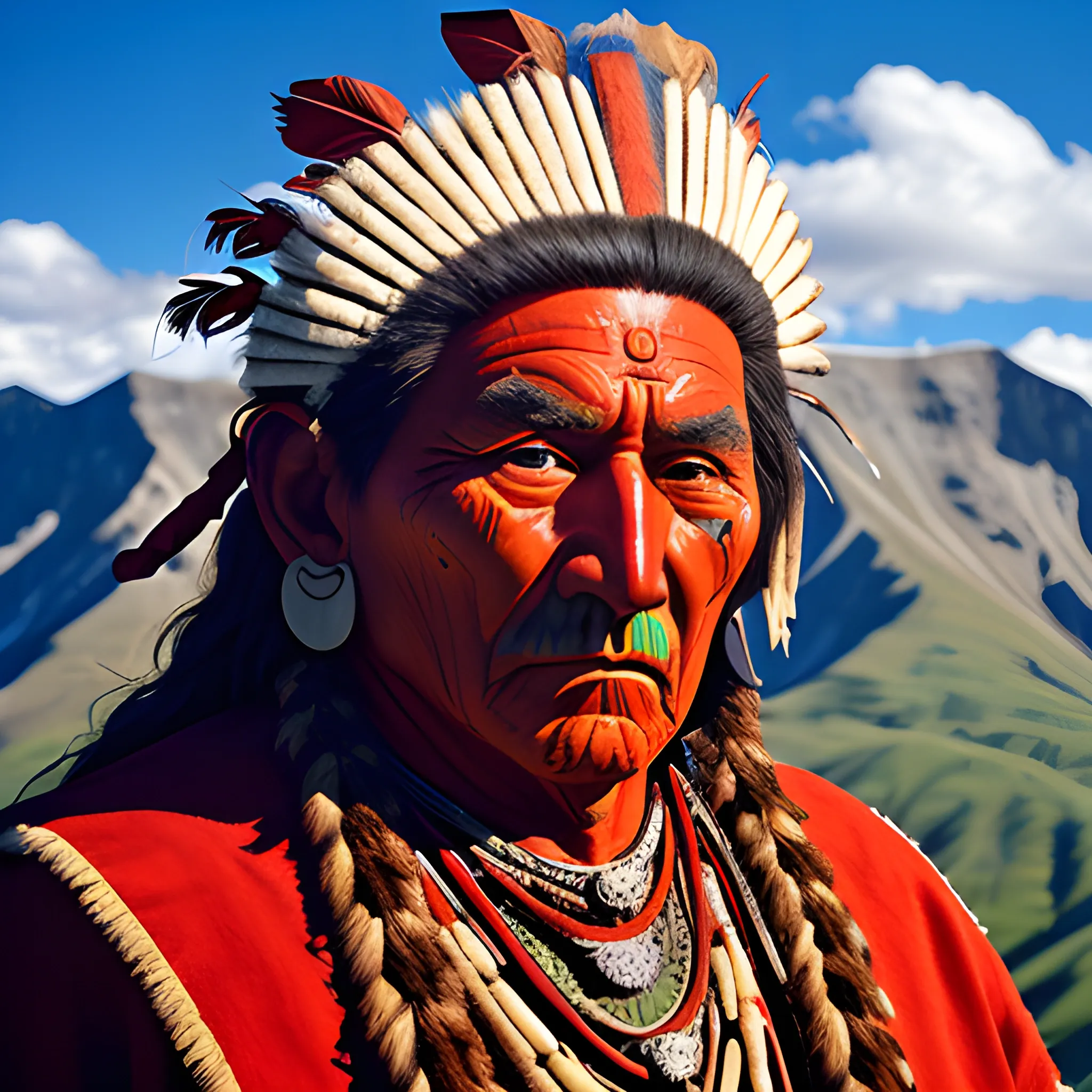 face of chief redskin man. mountin landscape,
athmospher, cloucs, Trippy