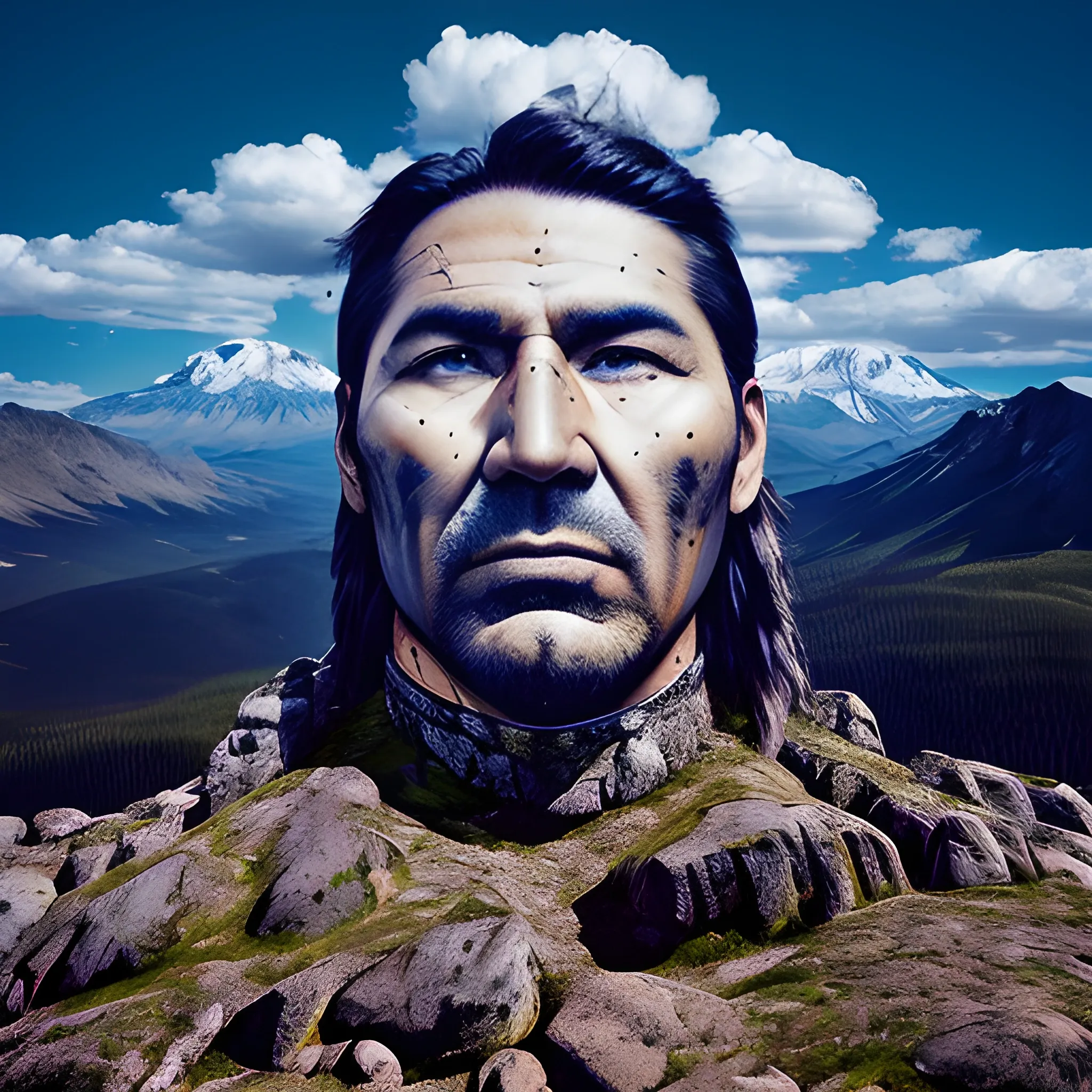 face of chief-
man. mountin landscape,
athmospher, clouds, Trippy