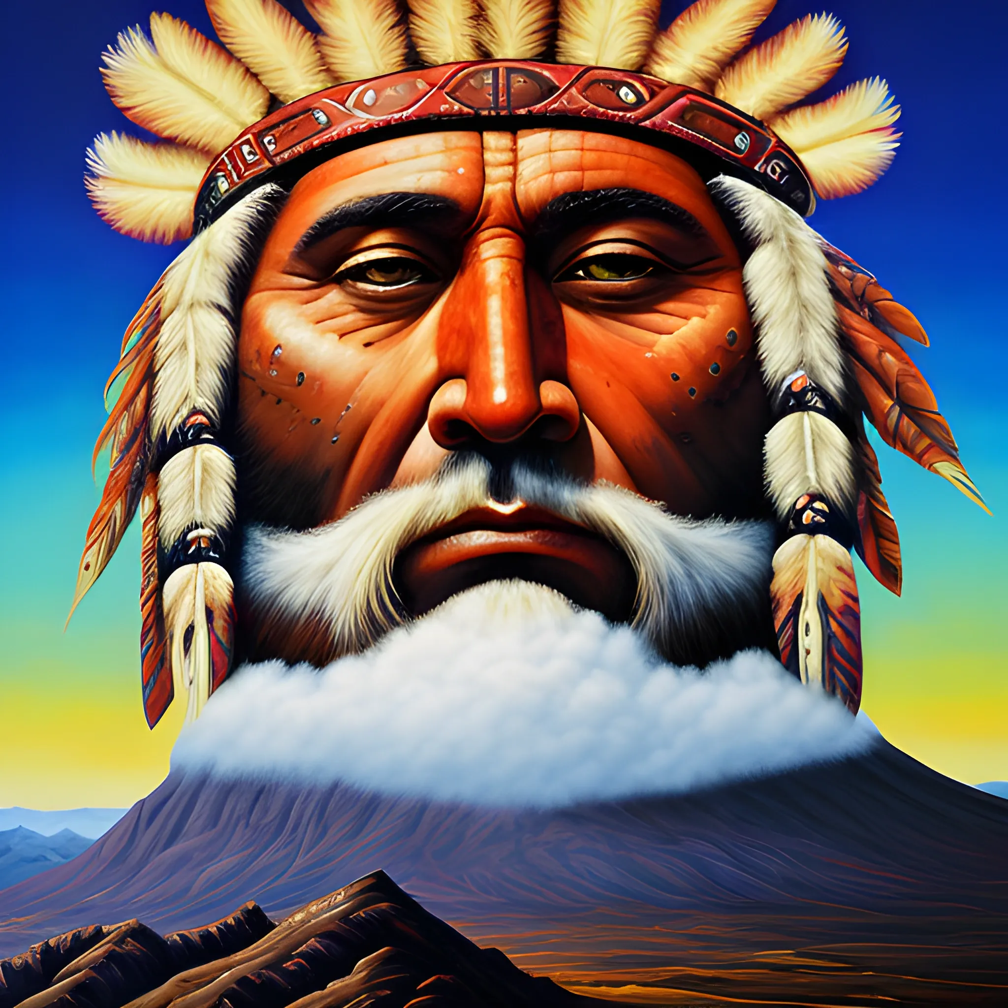 face of chief-
man. mountin landscape,
athmospher, clouds, Trippy, , Oil Painting