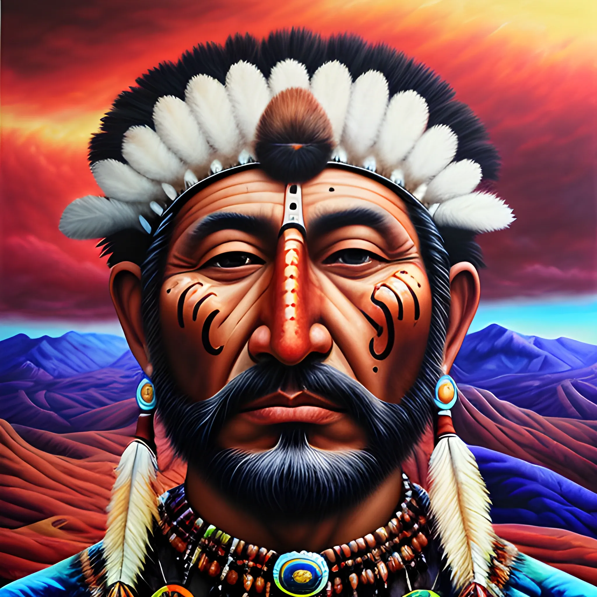 skin-face of chief-
man. mountin landscape,
athmospher, clouds, Trippy, , Oil Painting