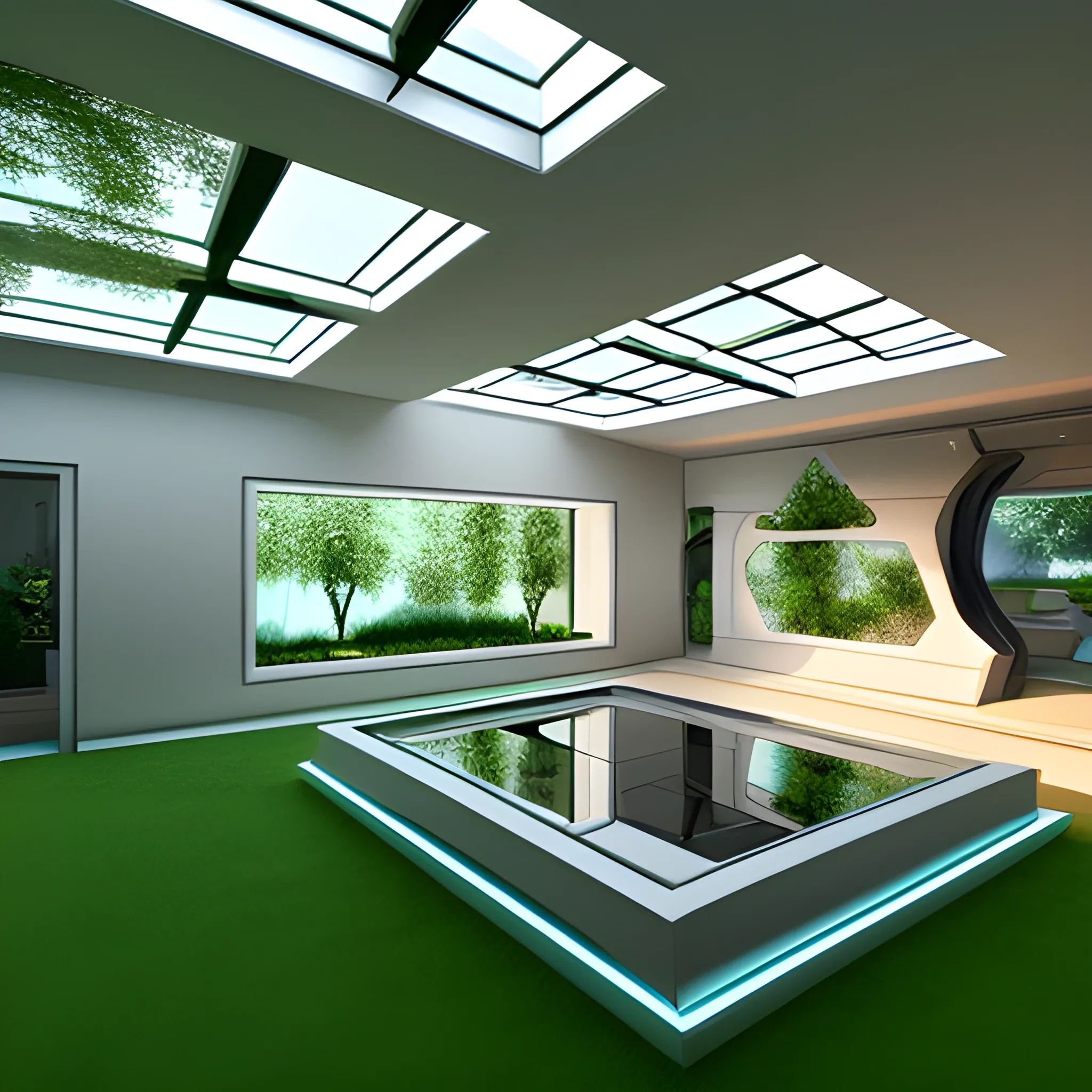 Futuristic house, garden inside, natural light, year 2030, mansion, 3D