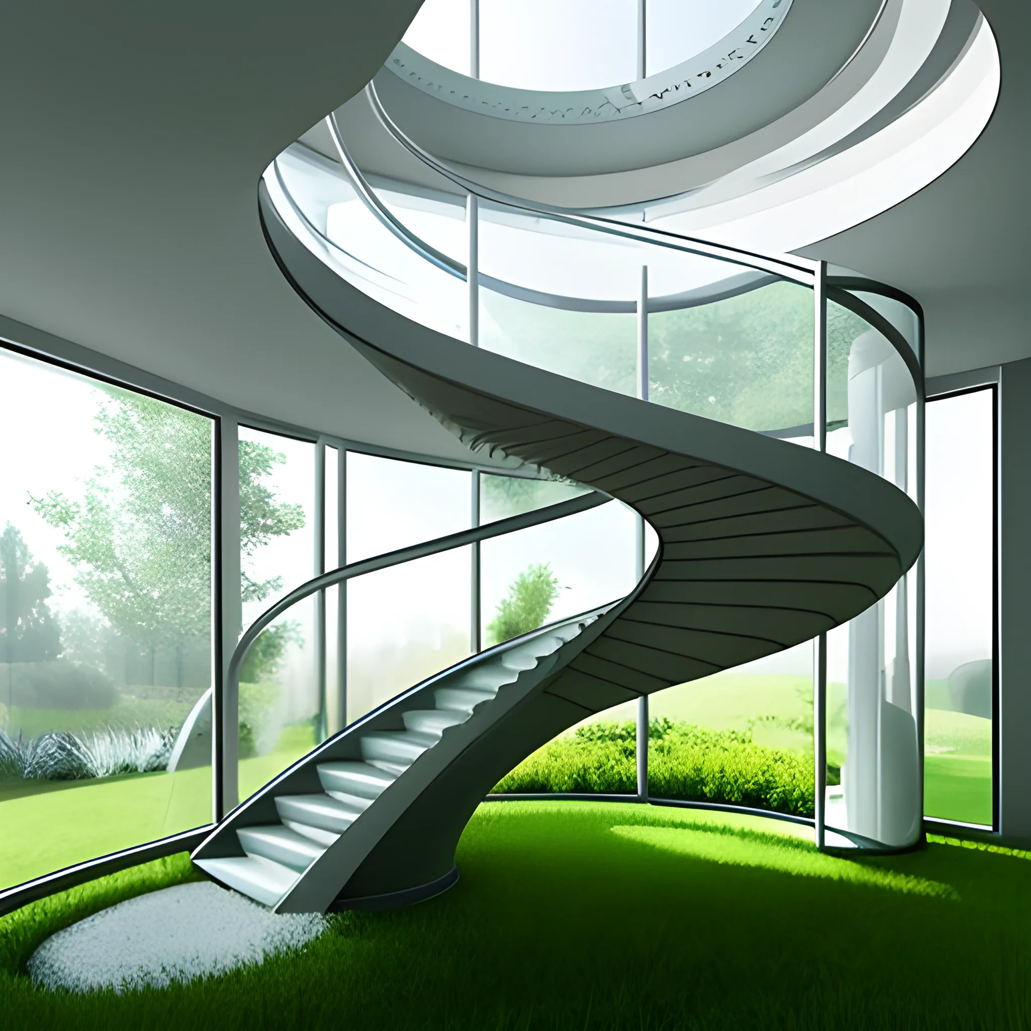 Futuristic house, garden inside, natural light, year 2030, mansion, 3D, stairs