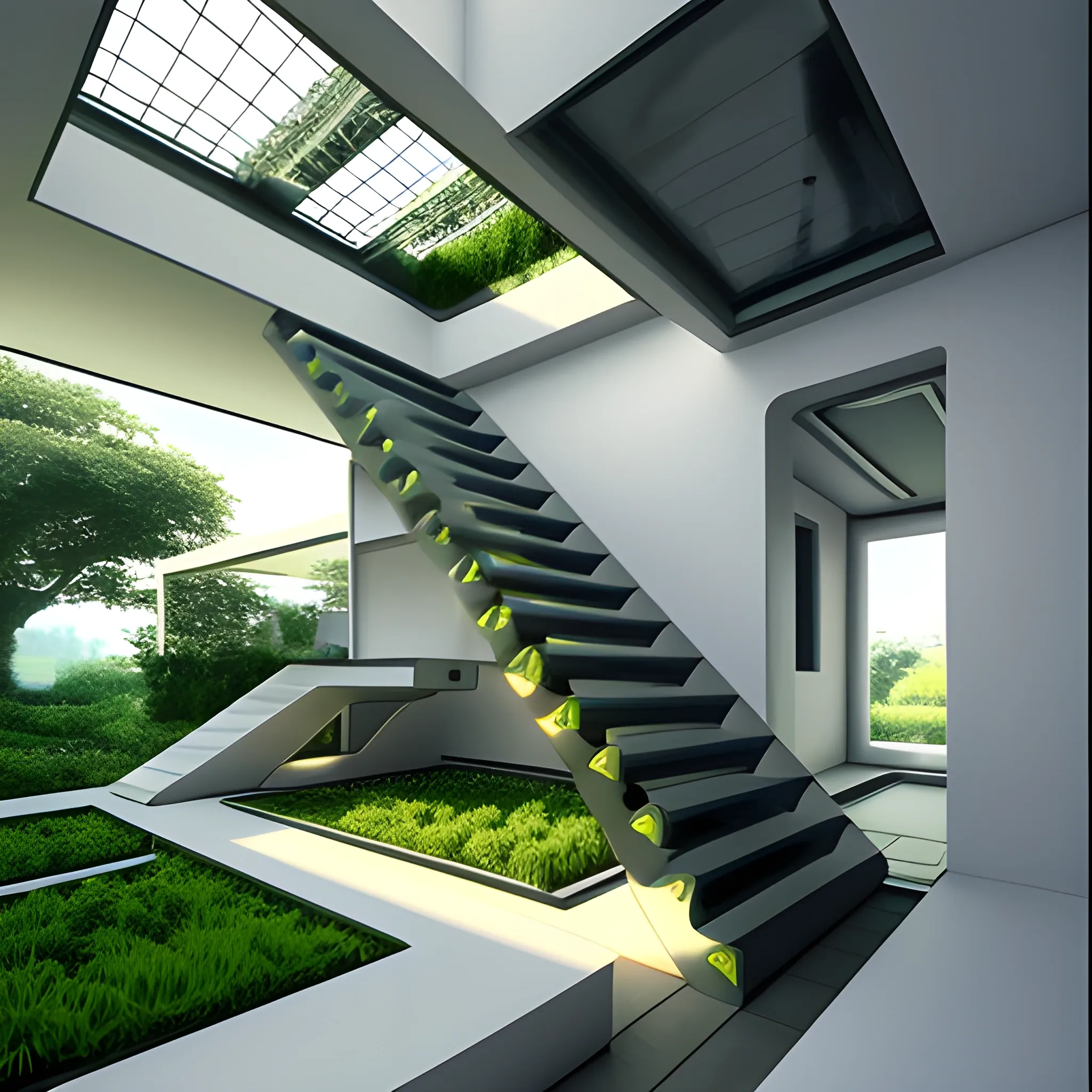 Futuristic house, garden inside, natural light, year 2030, mansion, 3D, stairs, with cats