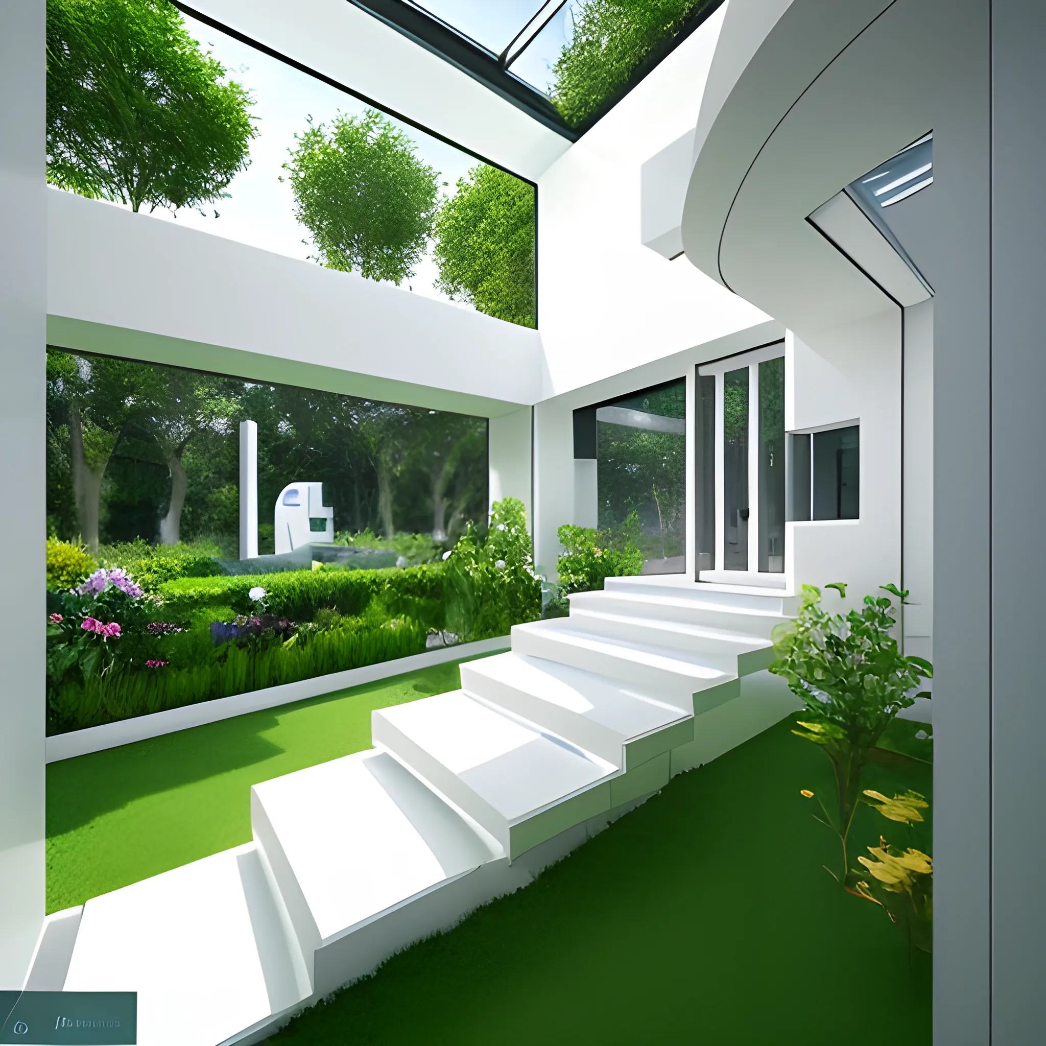 Futuristic house, garden inside, natural light, year 2030, mansion, 3D, stairs, cats inside, white furniture