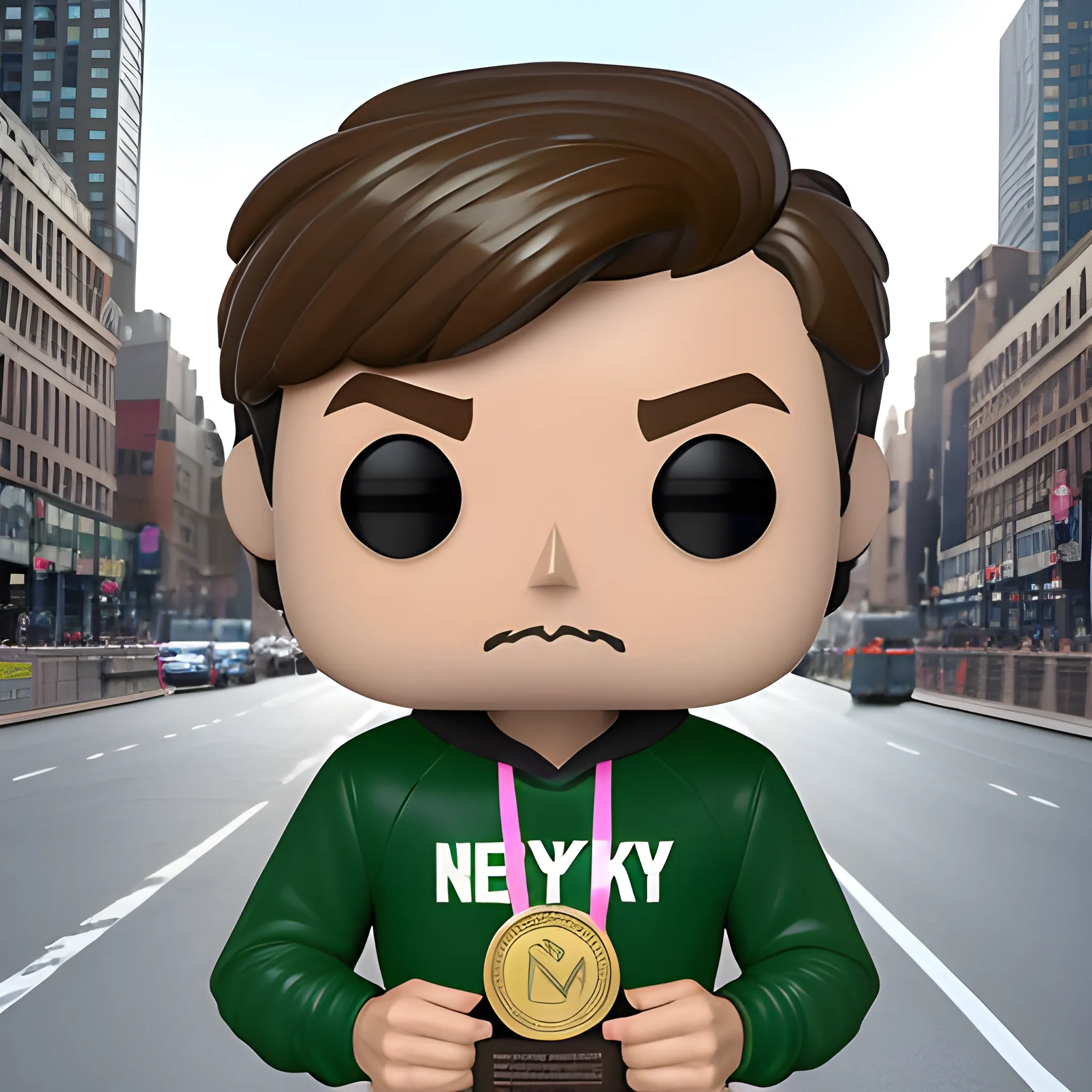 male runner with brown hair, green sweatshirt and a race medal in funko pop style in front of NY