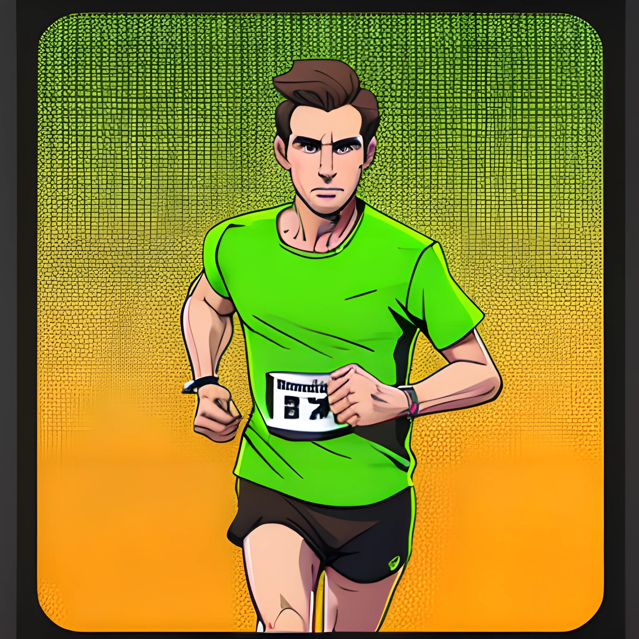 male runner with brown hair, neon green sleveless shirt with TYM ...