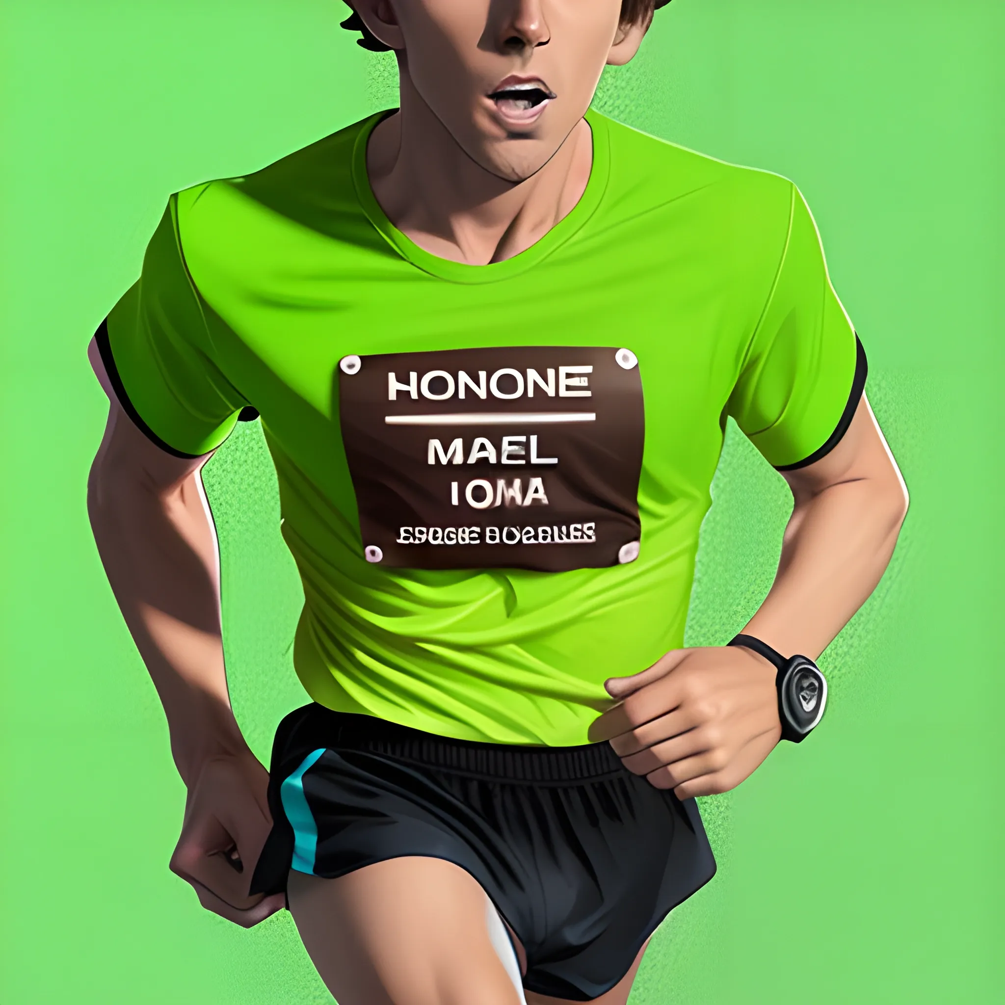 male runner with brown hair. Neon green sleveless shirt with TYM on the chest and a race medal in funko pop style. 