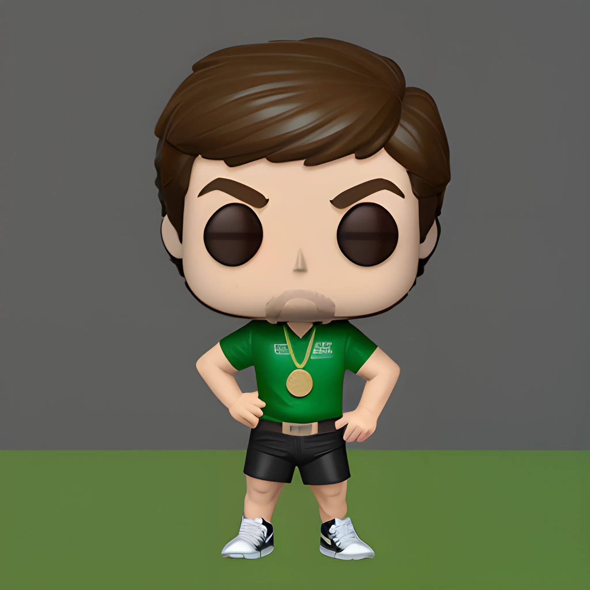 male brown haired runner with green shirt with the word TYM and race medal in funko pop style. 