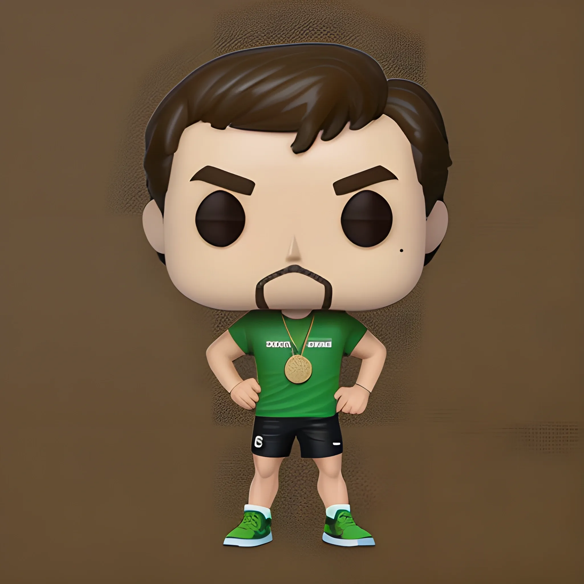 male brown haired runner with green shirt with the word TYM and race medal in funko pop style. 