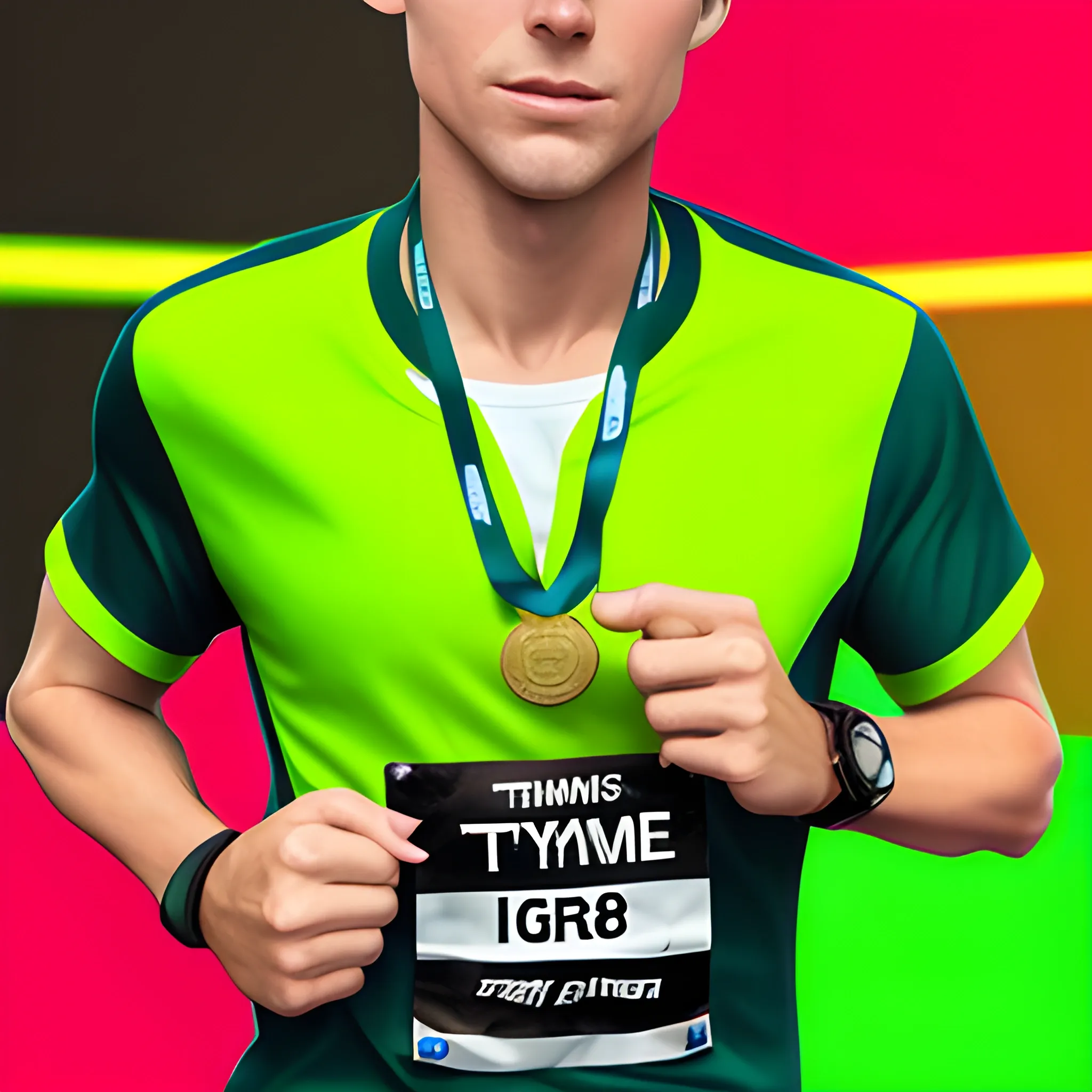 male light brown haired runner, no beard, with neon green shirt with the word TYM and race medal in funko pop style. 