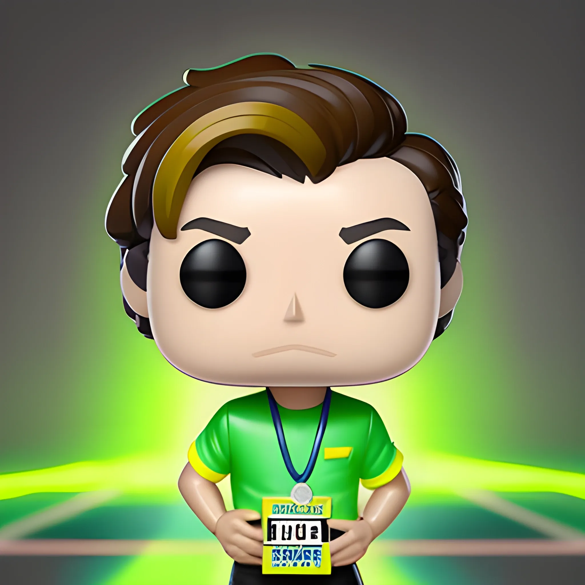 funko pop styled runner with neon green sleveless shirt and a race medal. Light brown hair no beard
