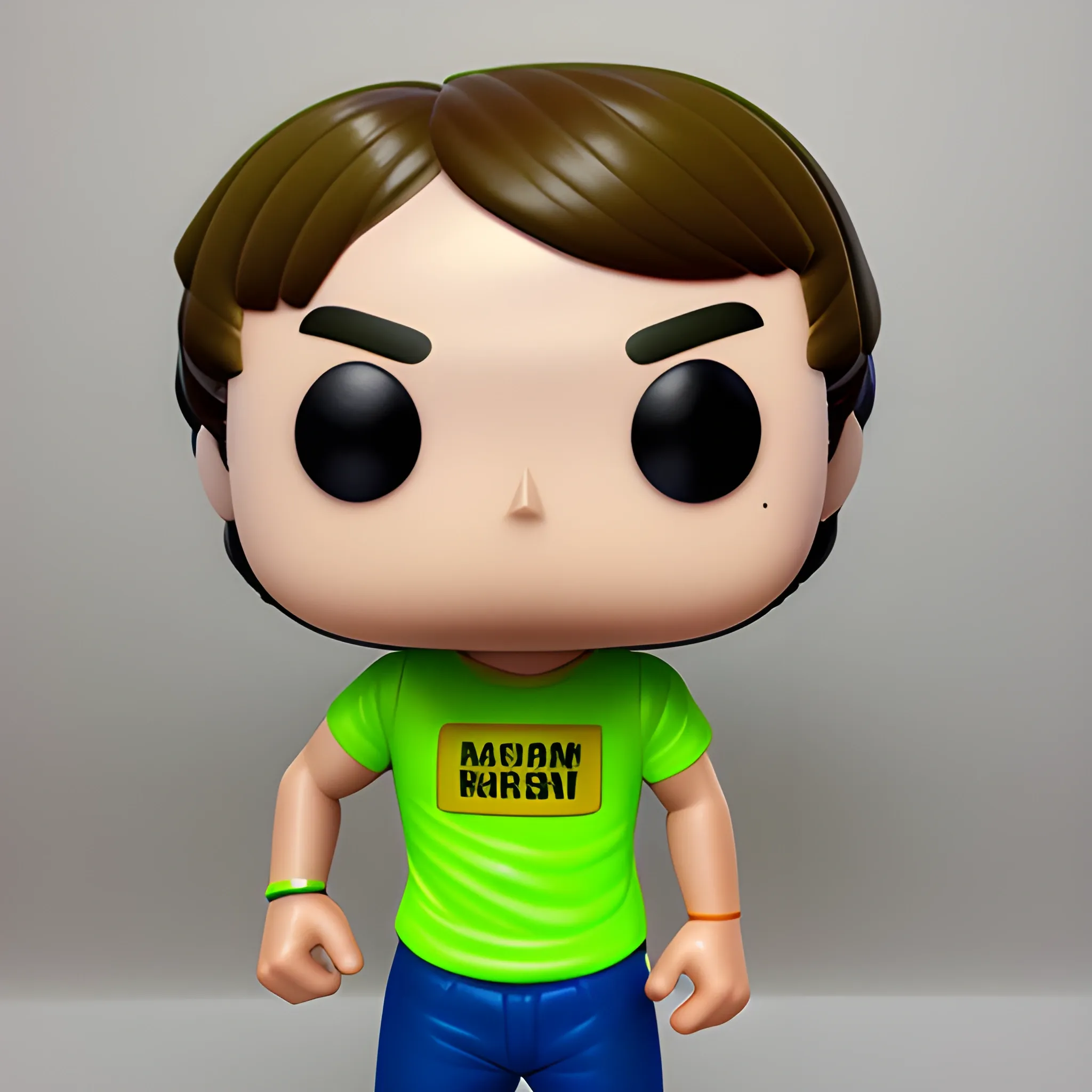 funko pop styled runner with neon green shirt no sleeves and a race medal. Light brown hair no beard
