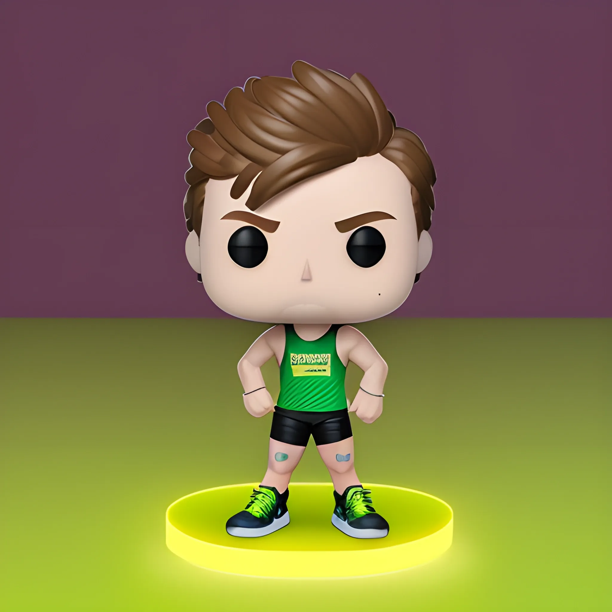 funko pop styled male runner with neon green tank top and a race medal. Light brown hair no beard
