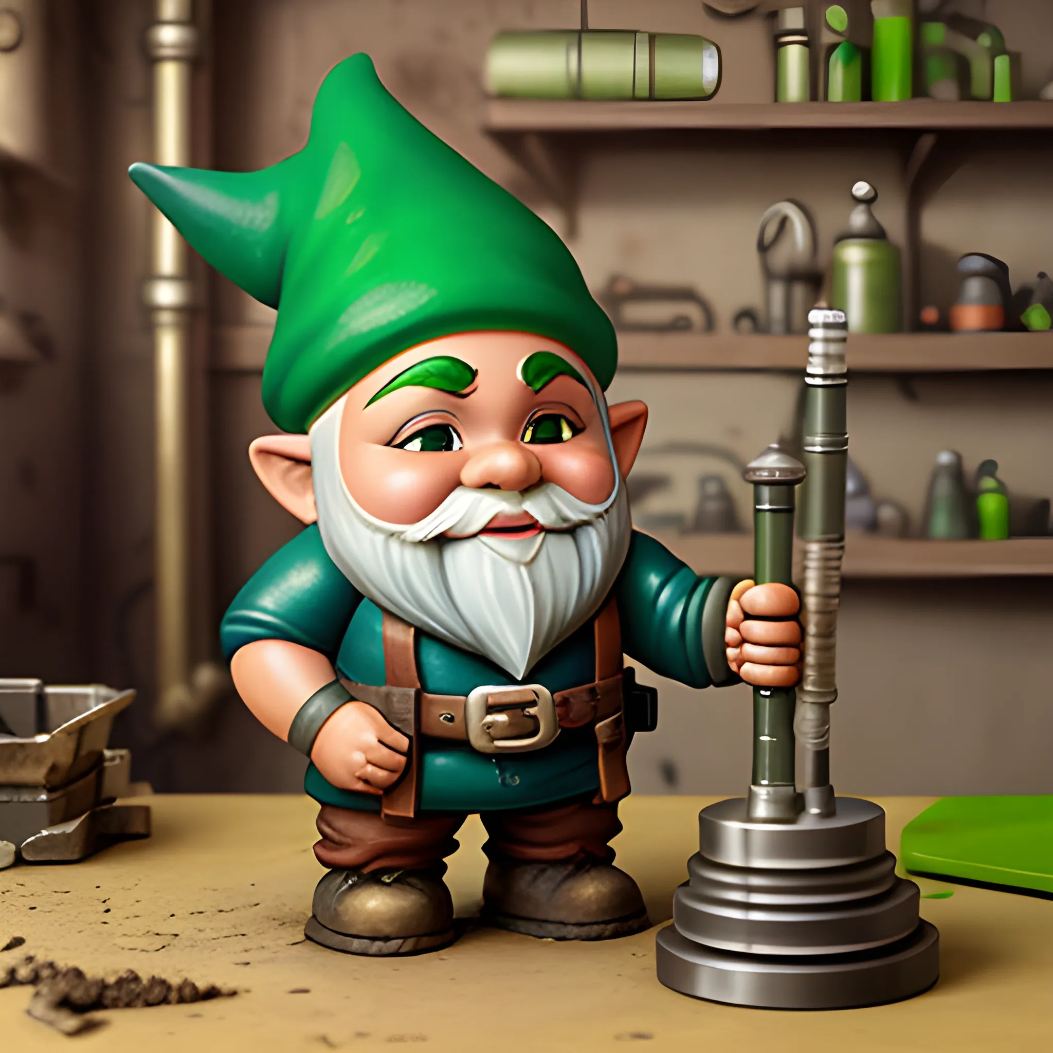 male gnome artificer with brown skin and green hair working in a dirty machine shop