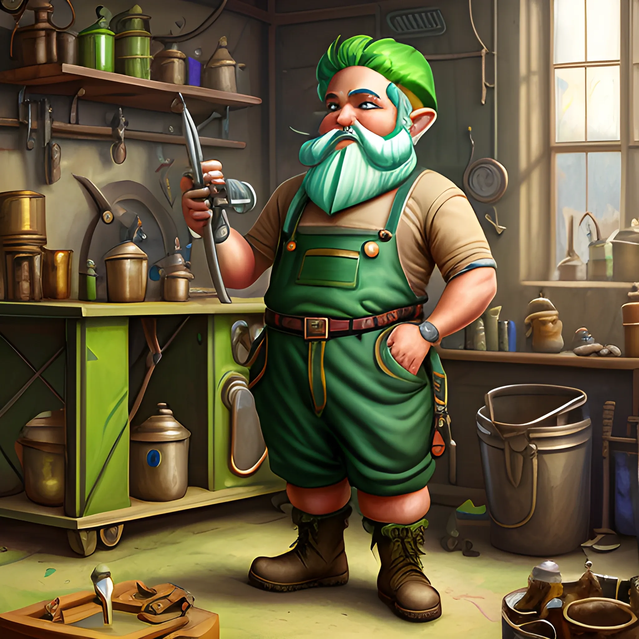 male gnome artificer with brown skin and green hair working in a dirty machine shop, Oil Painting
