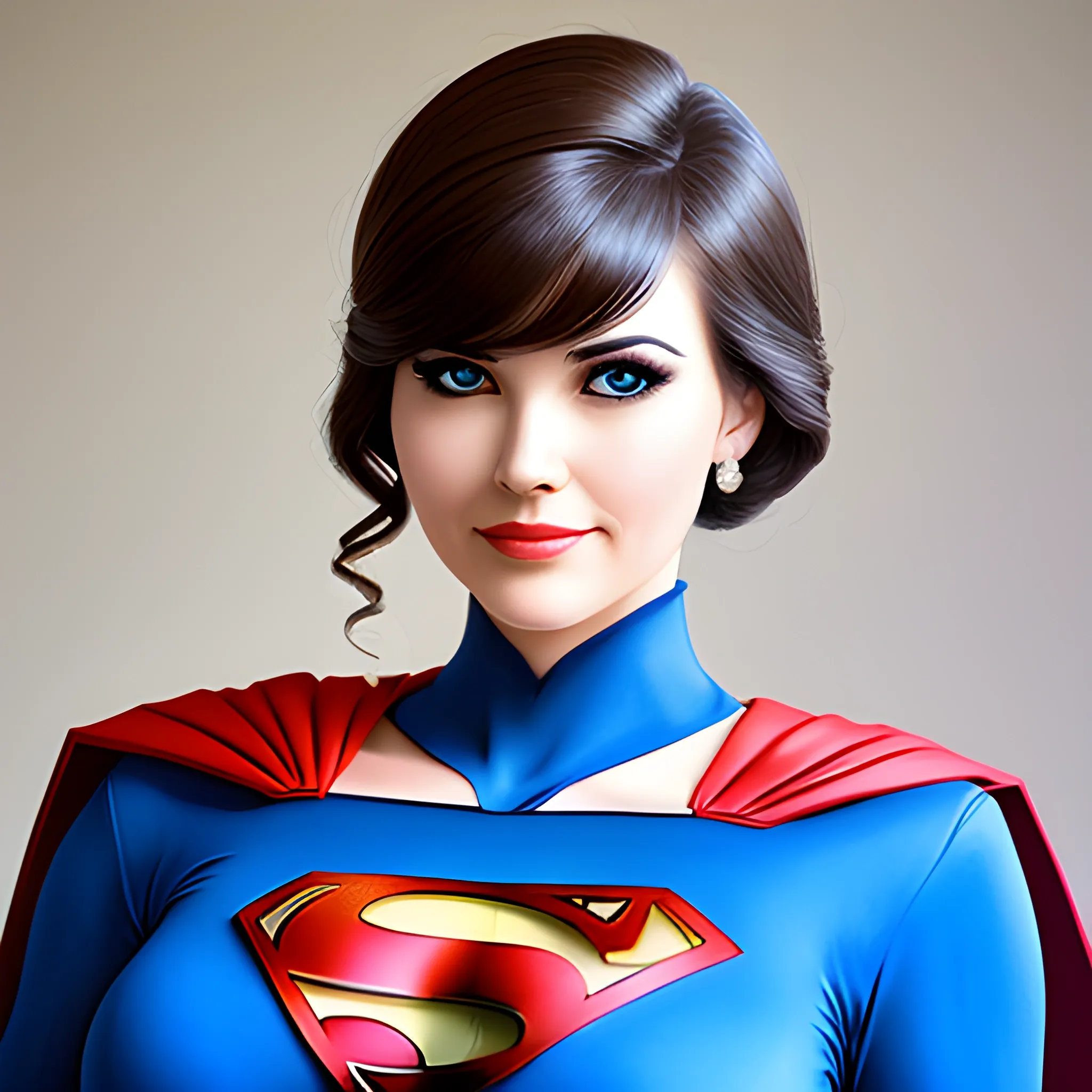 An elegant lady wearing a Superman costume, eye-catching detail, realistic ultra-detailed