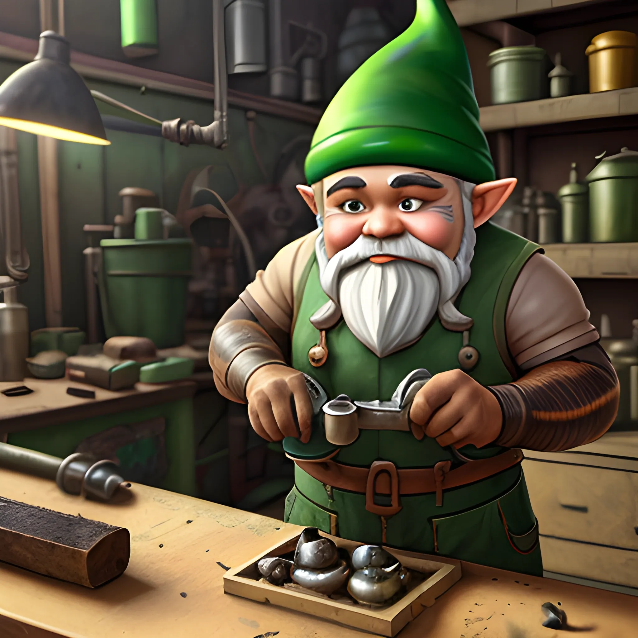 male gnome artificer with "brown skin" and "green hair" working in a dirty machine shop, Realistic
