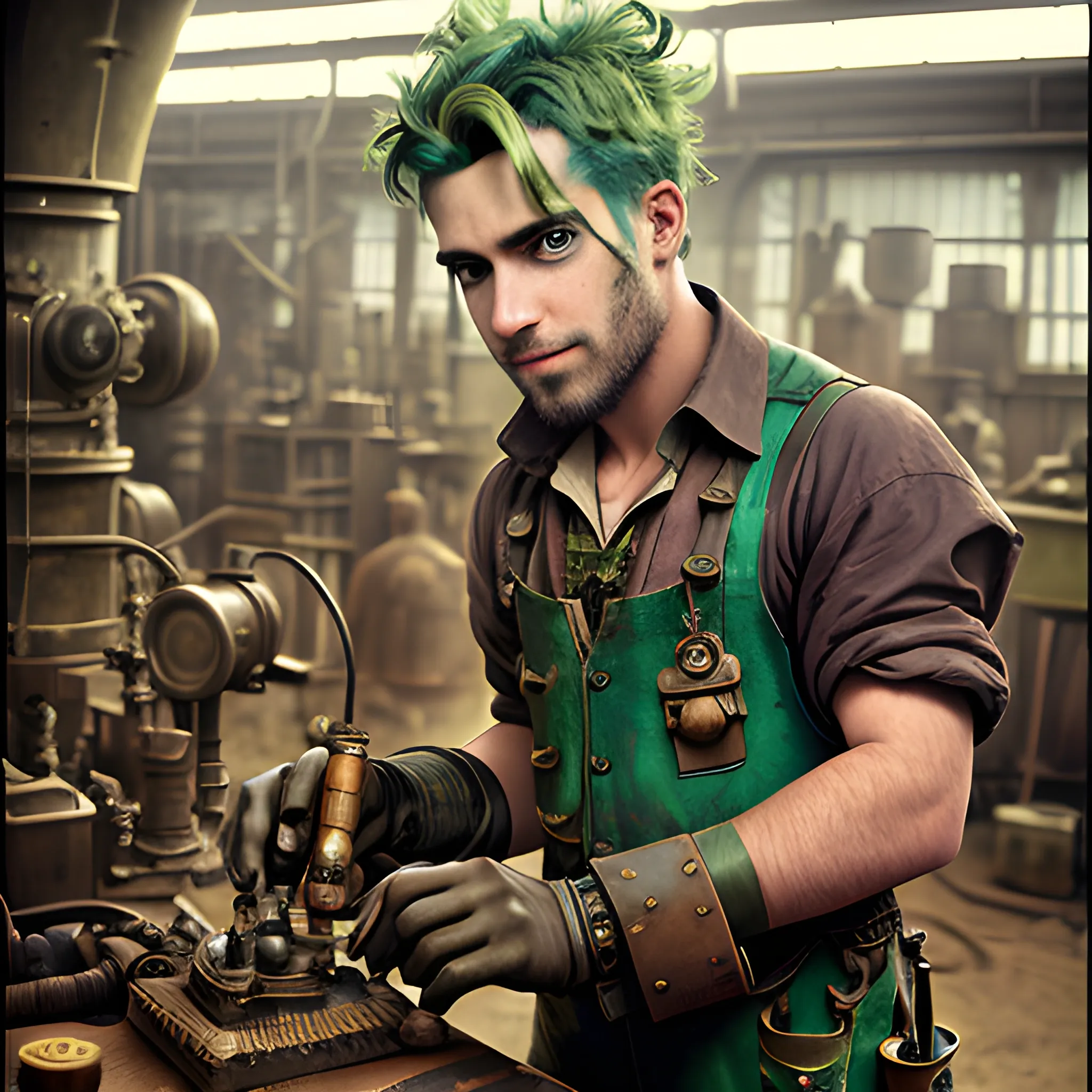 steampunk male dirty artificer with brown skin and green hair working in a dirty machine shop William O’Connor