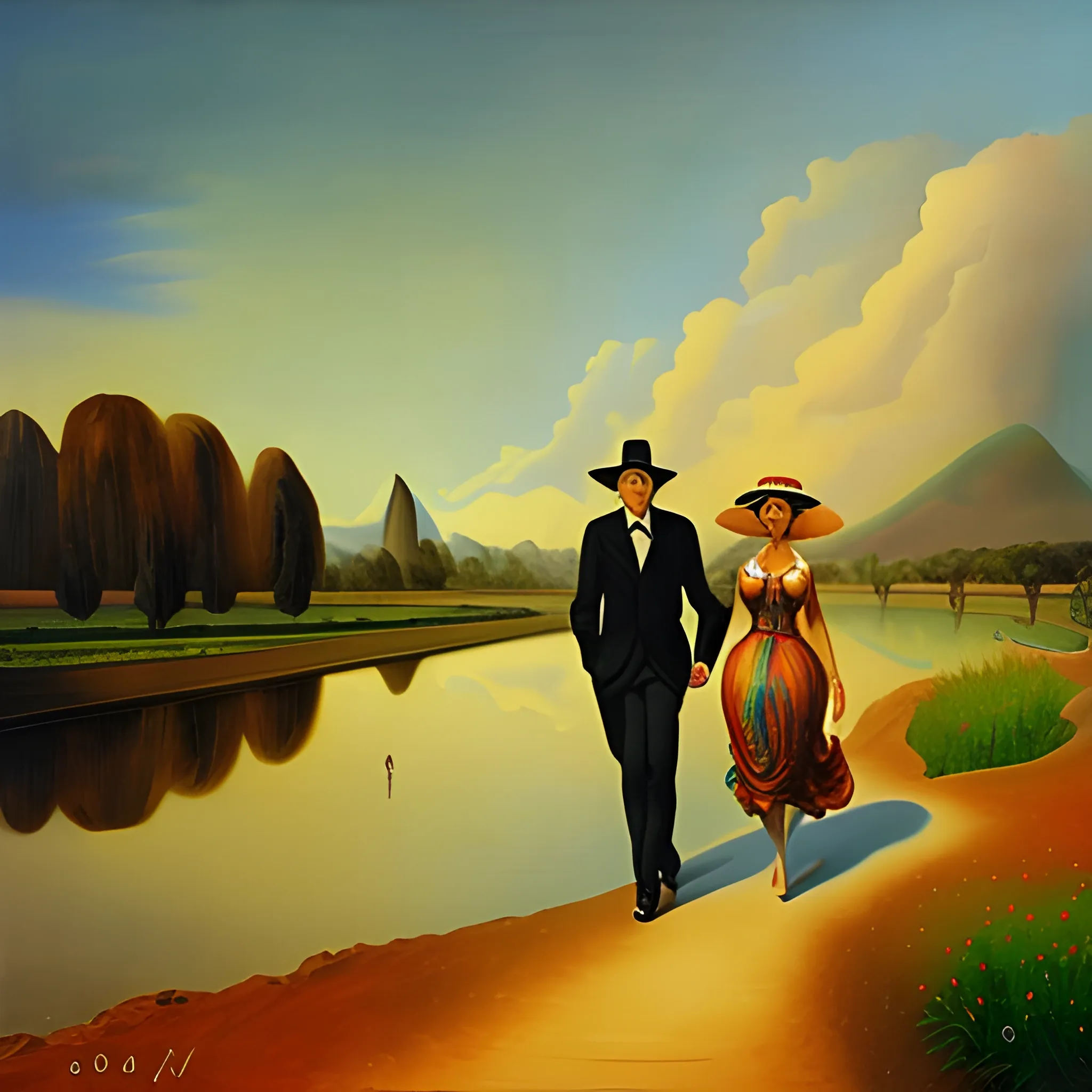 A man and a woman walking by the river; Dali style oil painting
