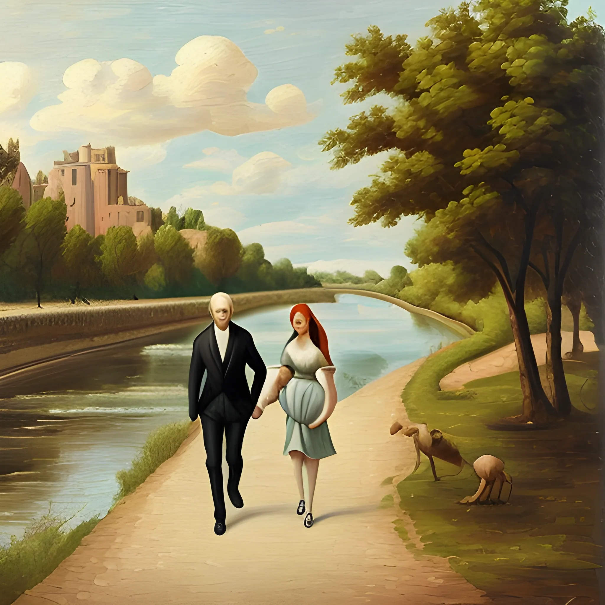 A man and a woman walking by the river; Picasso style oil painting
