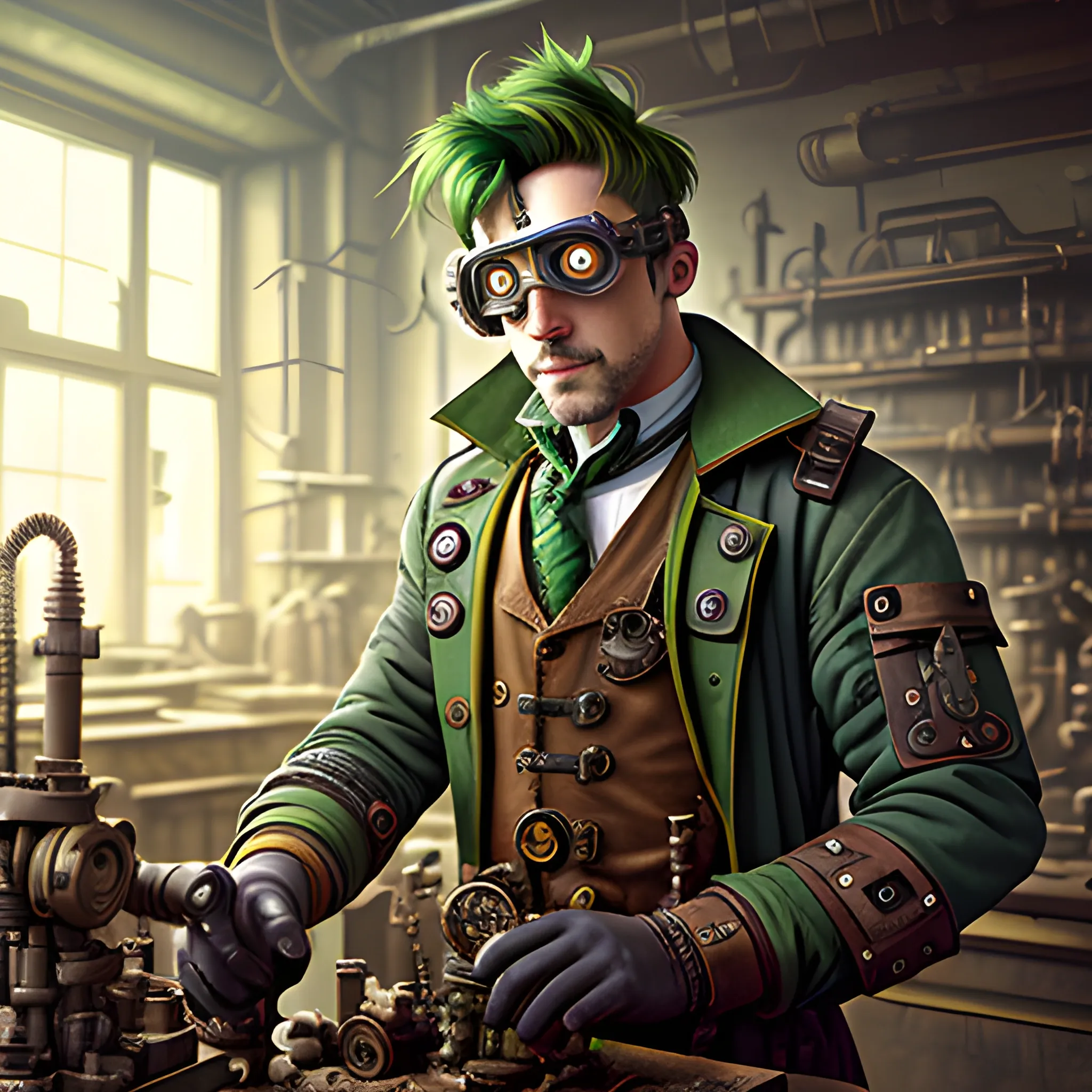 steampunk male dirty artificer with dark brown skin and green hair working in a dirty machine robotics  goggles 
shop William O’Connor