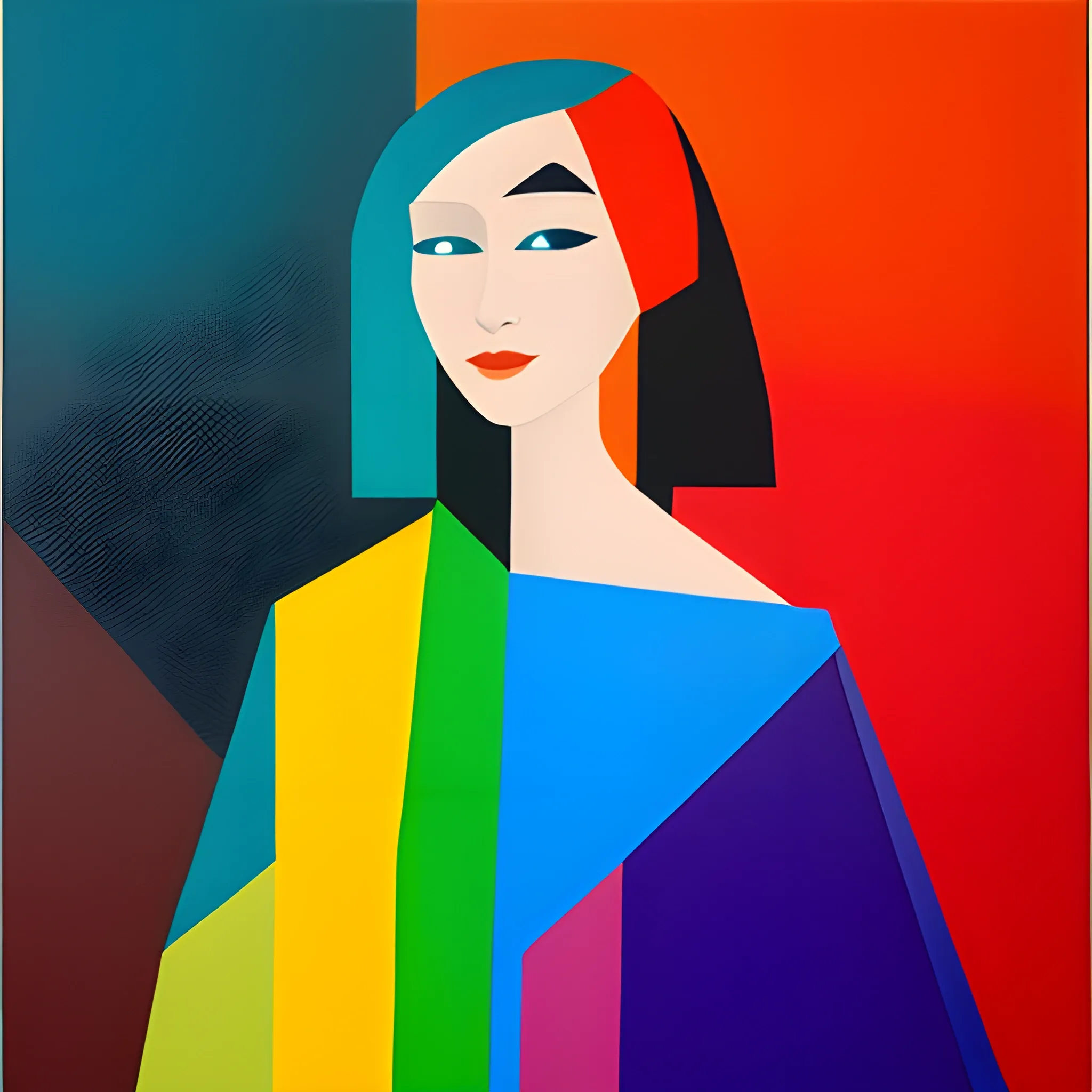 A painting made up of color blocks; the color blocks have sharp edges and corners; the color blocks are mostly bright; the color blocks look like a woman, Oil Painting