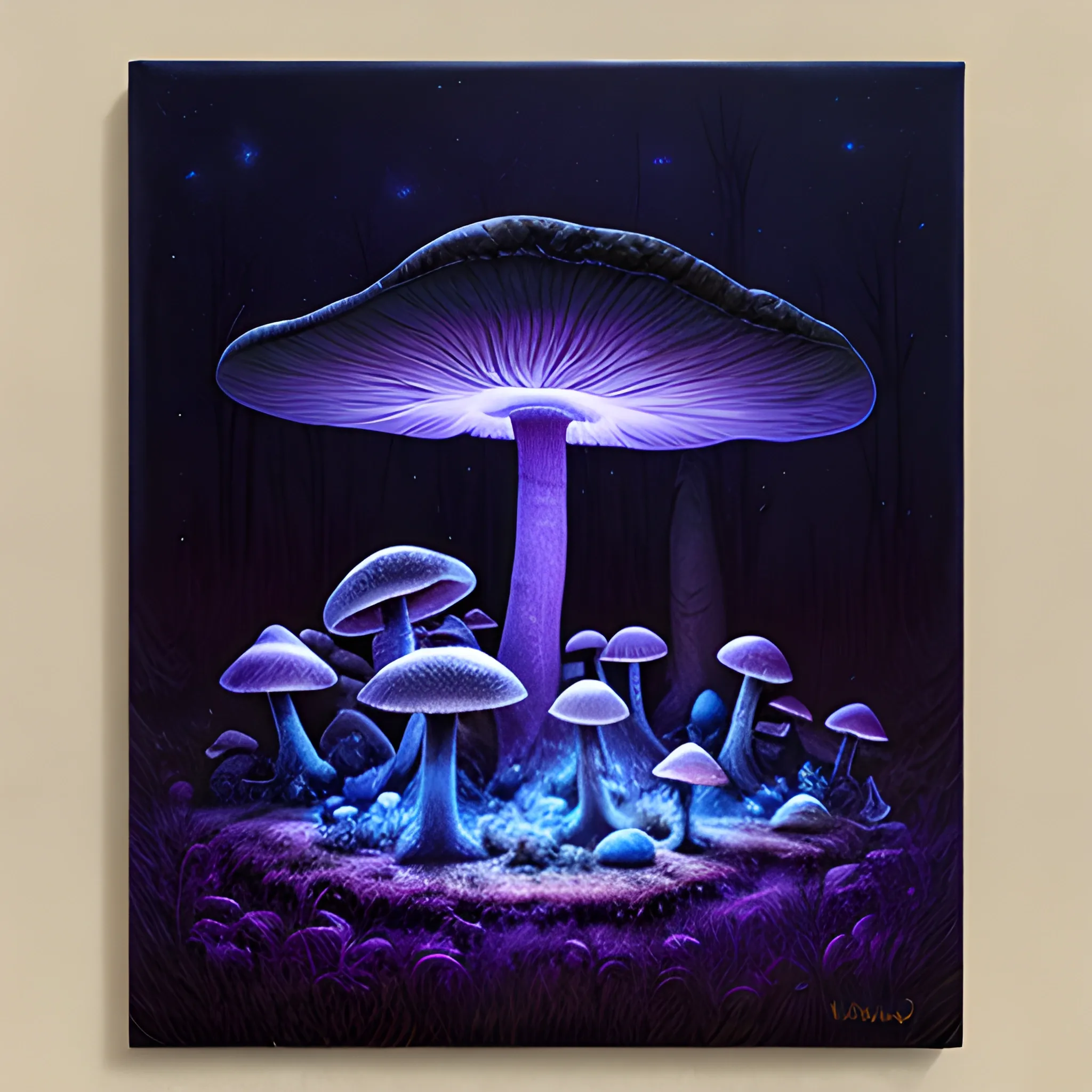 A conceptual art painting of an alien fungal landscape at night, with glowing blue lights, luminescent blue mushrooms, a deep purple sky, realism, and detail."