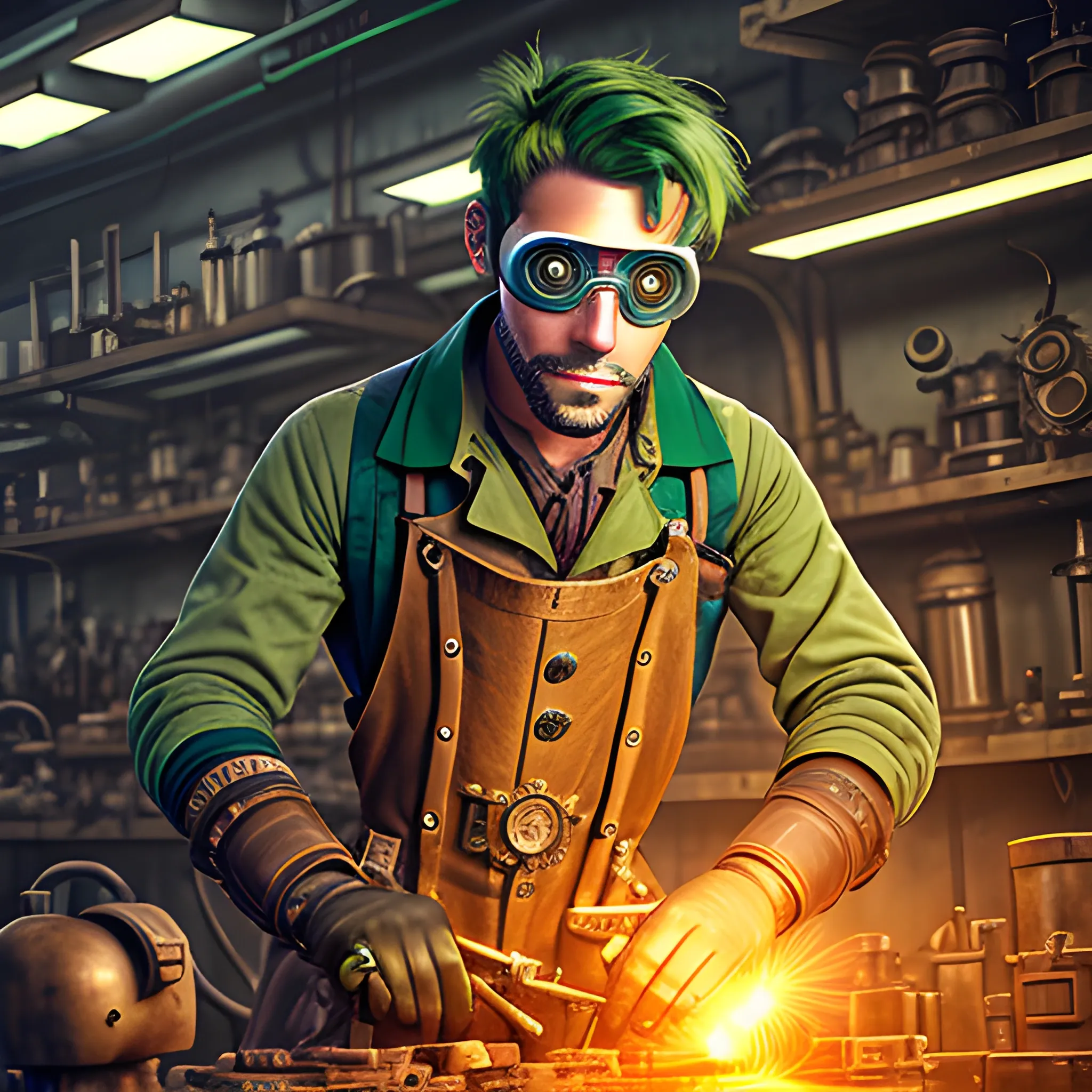 steampunk male dirty artificer with dark brown skin and "green hair" working in a dirty machine robotics  goggles 
shop "William O’Connor"