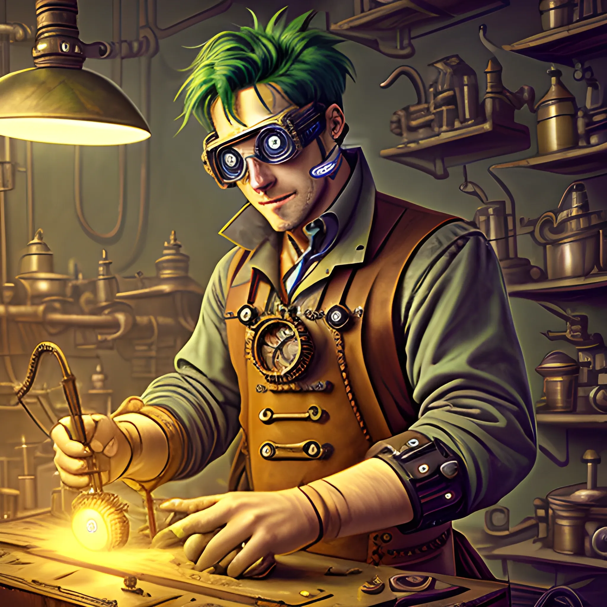 steampunk male dirty artificer with dark brown skin and "green hair" working in a dirty machine robotics  goggles 
shop "William O’Connor" dungeons and dragons
