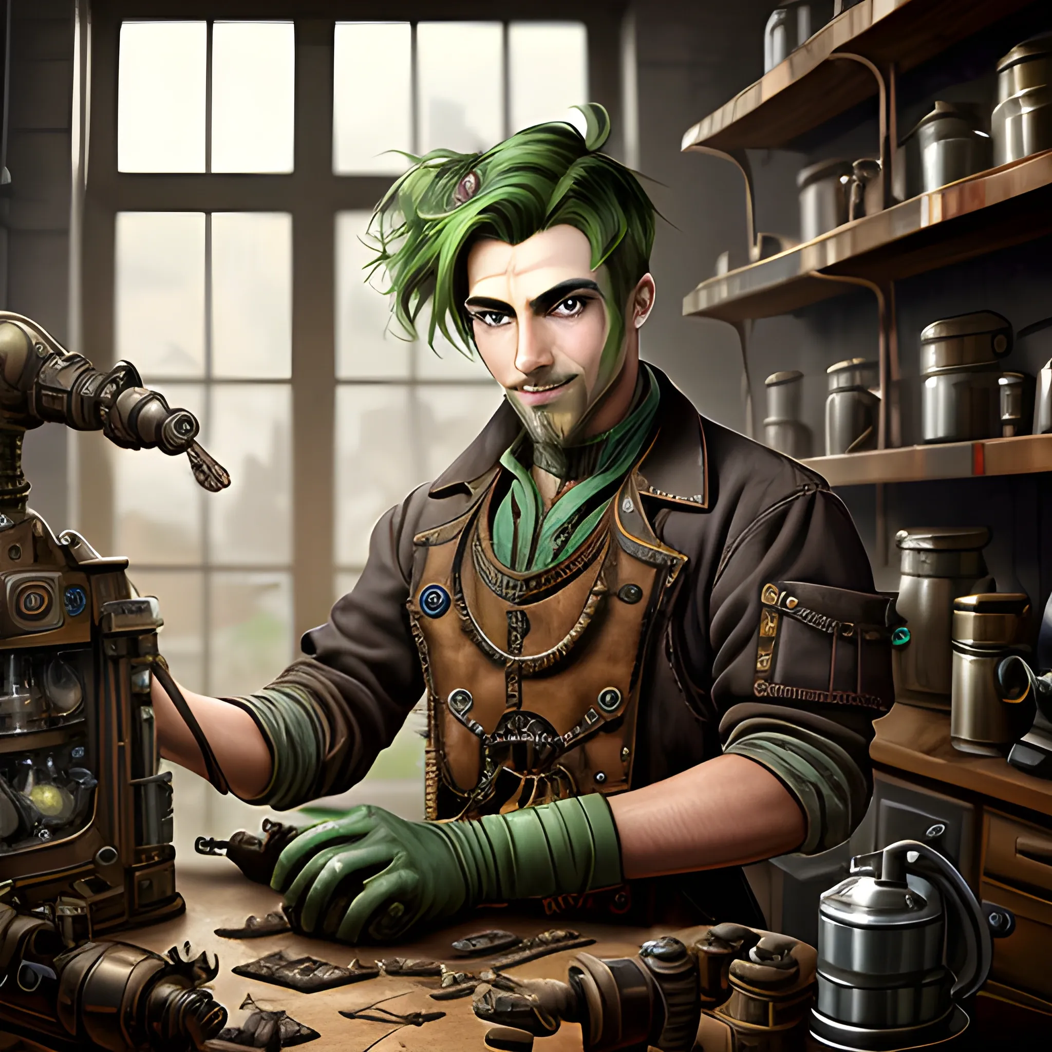steampunk male dirty artificer with dark brown skin and "green hair" working in a dirty machine robotics  wrench clockwork coffee pot  workshop "William O’Connor" dungeons and dragons
