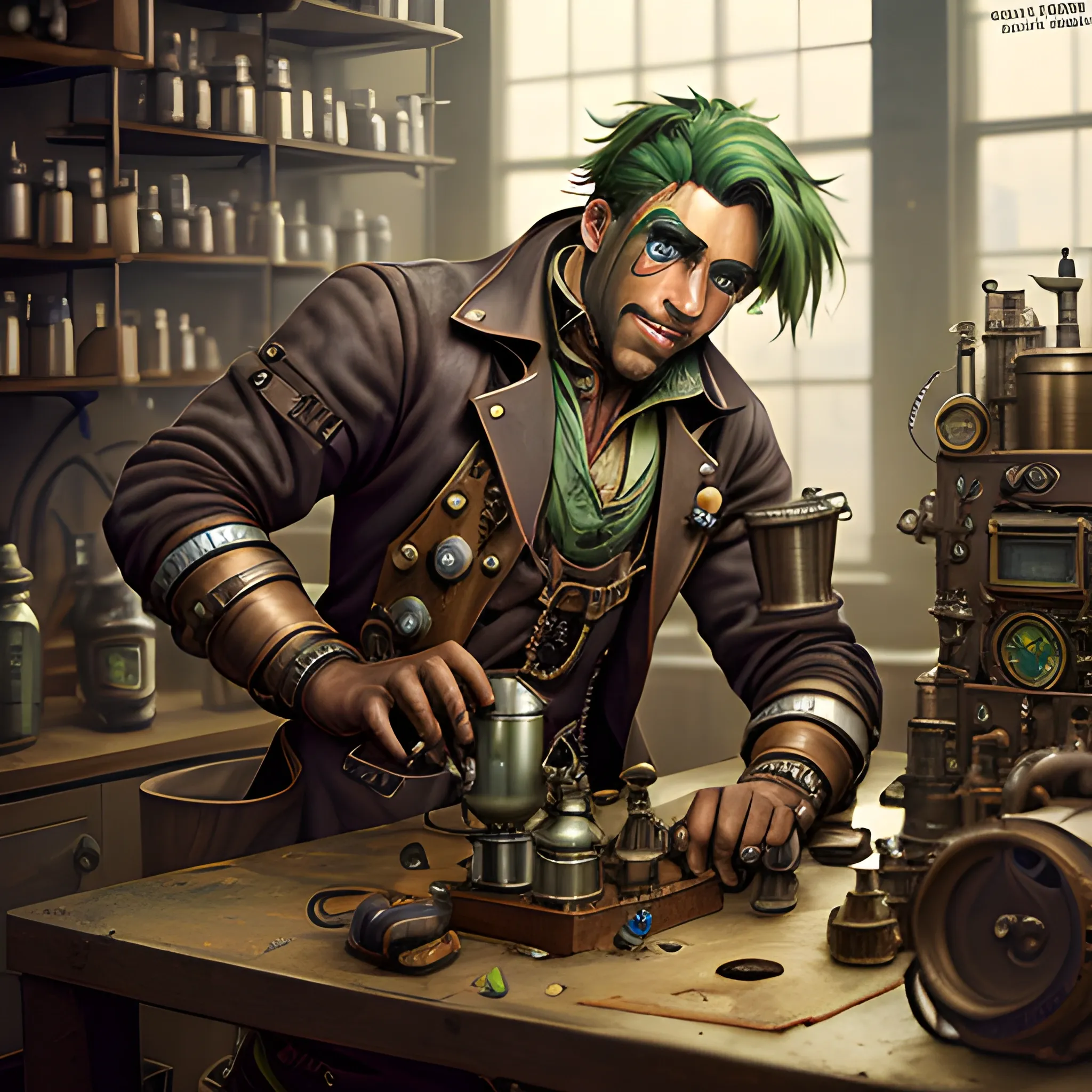 steampunk male dirty artificer with dark "brown skin" and "green hair" working in a dirty machine robotics  wrench clockwork coffee pot  workshop "William O’Connor" dungeons and dragons
