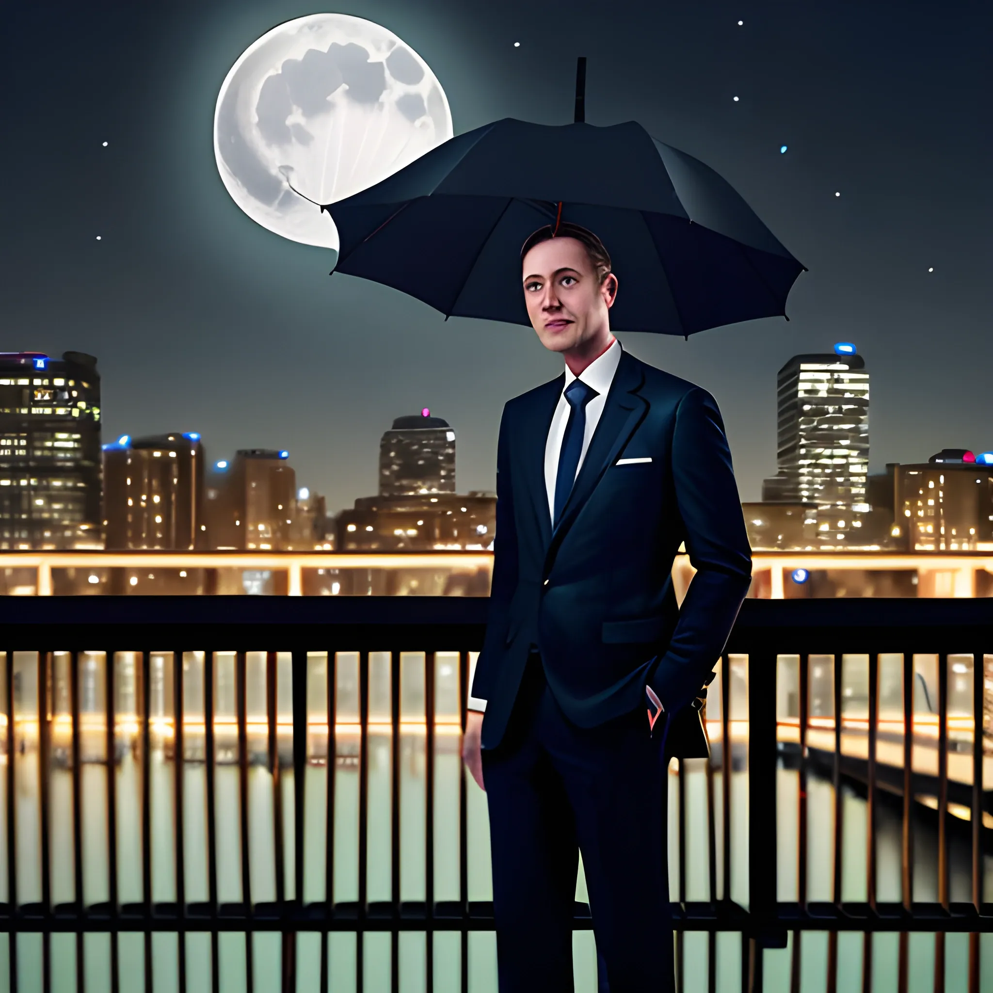 A realistic photo of a man in a suit standing on a bridge with an umbrella in his hand, with a city night view in the background and a bright moon in the sky