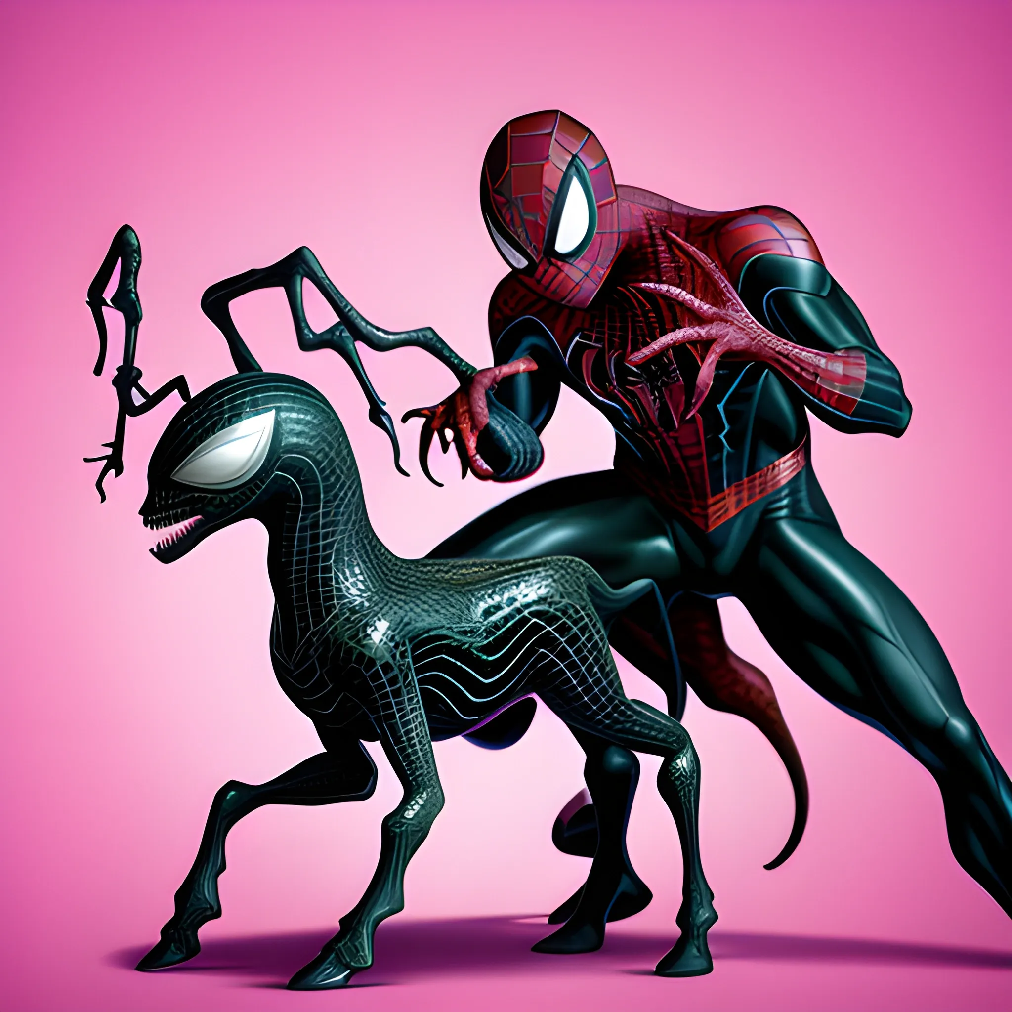 image of venom and Spiderman together playing with a pink horse