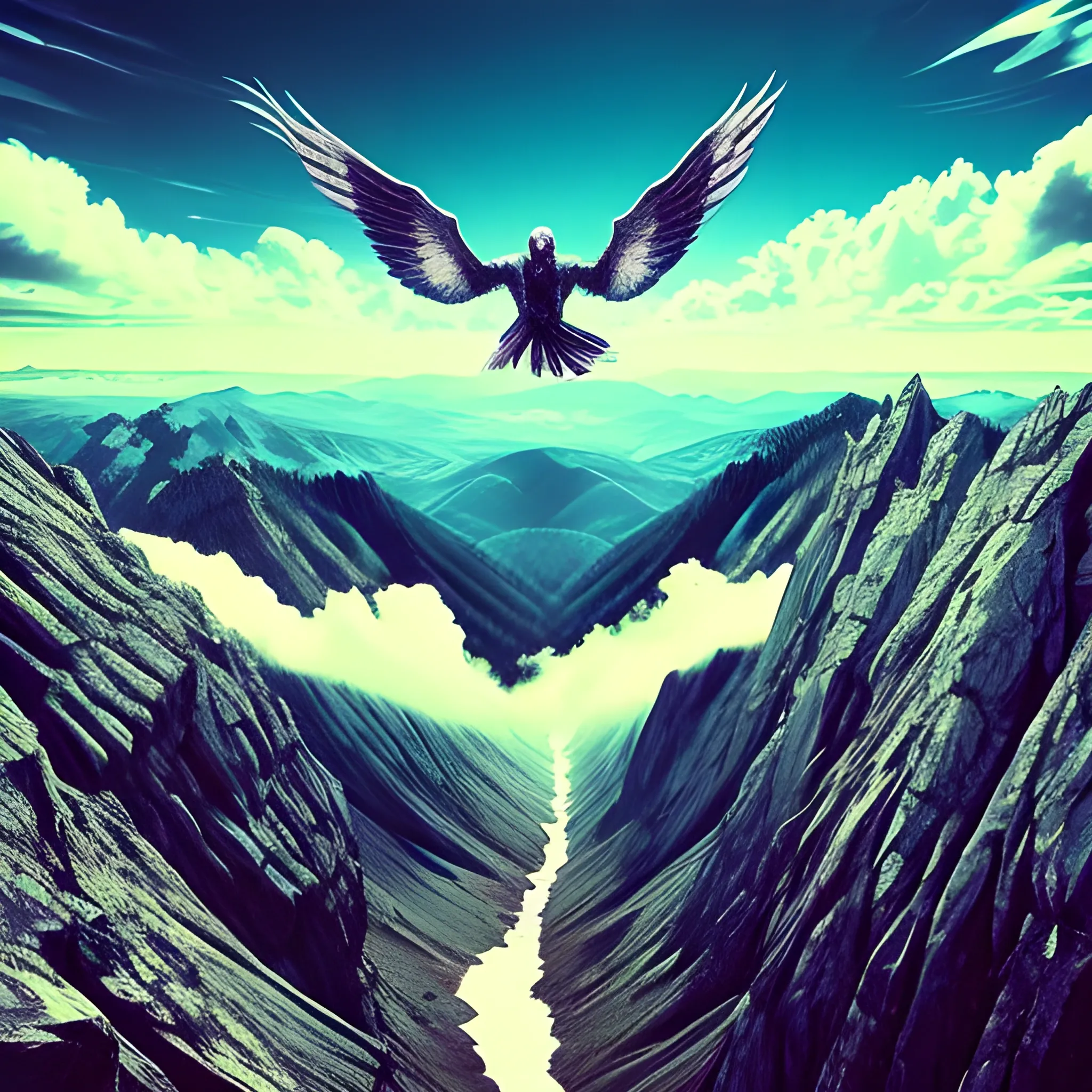 wings of bird man. mountin landscape,
athmospher, clouds, Trippy,