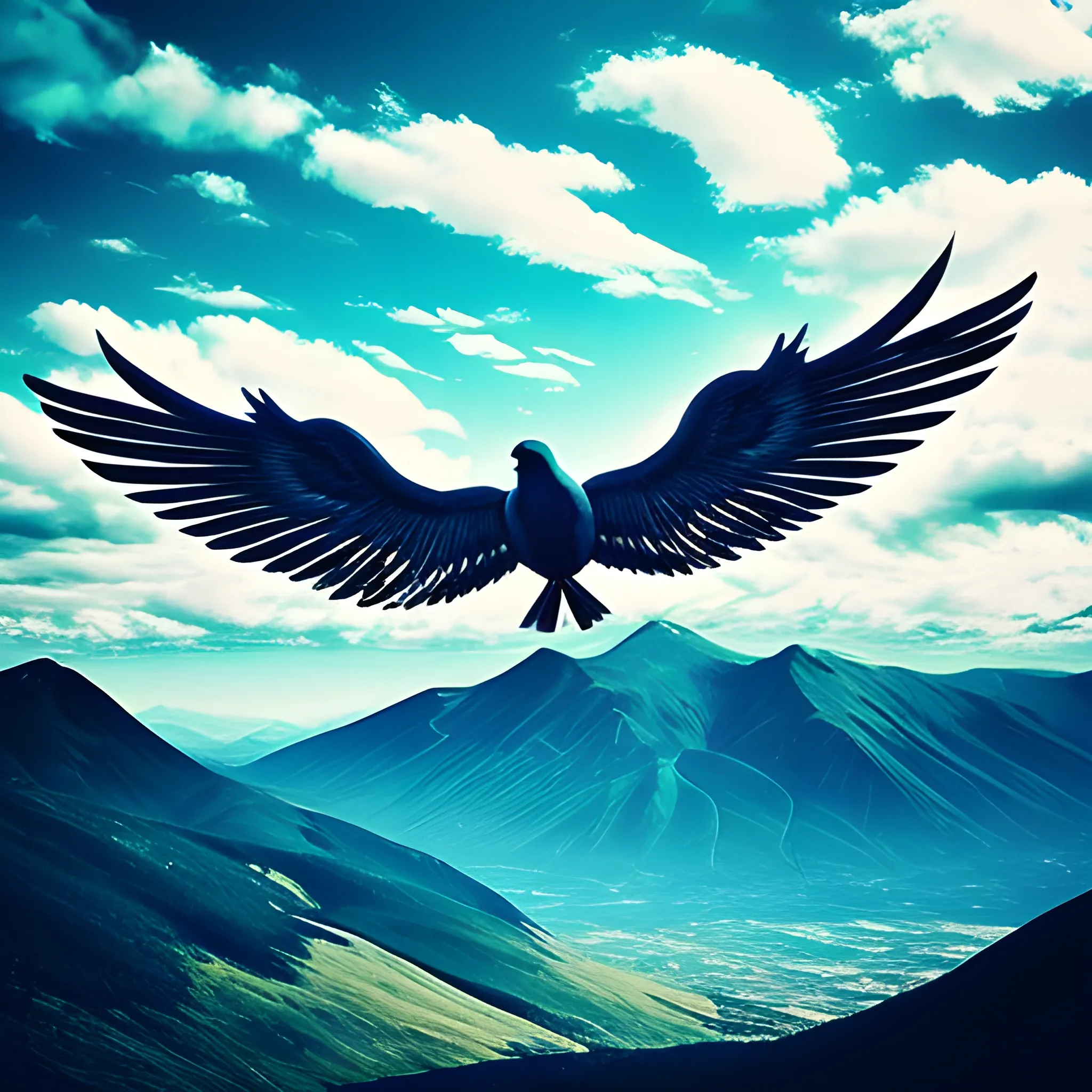 wings of bird . mountin landscape,
athmospher, clouds, Trippy,