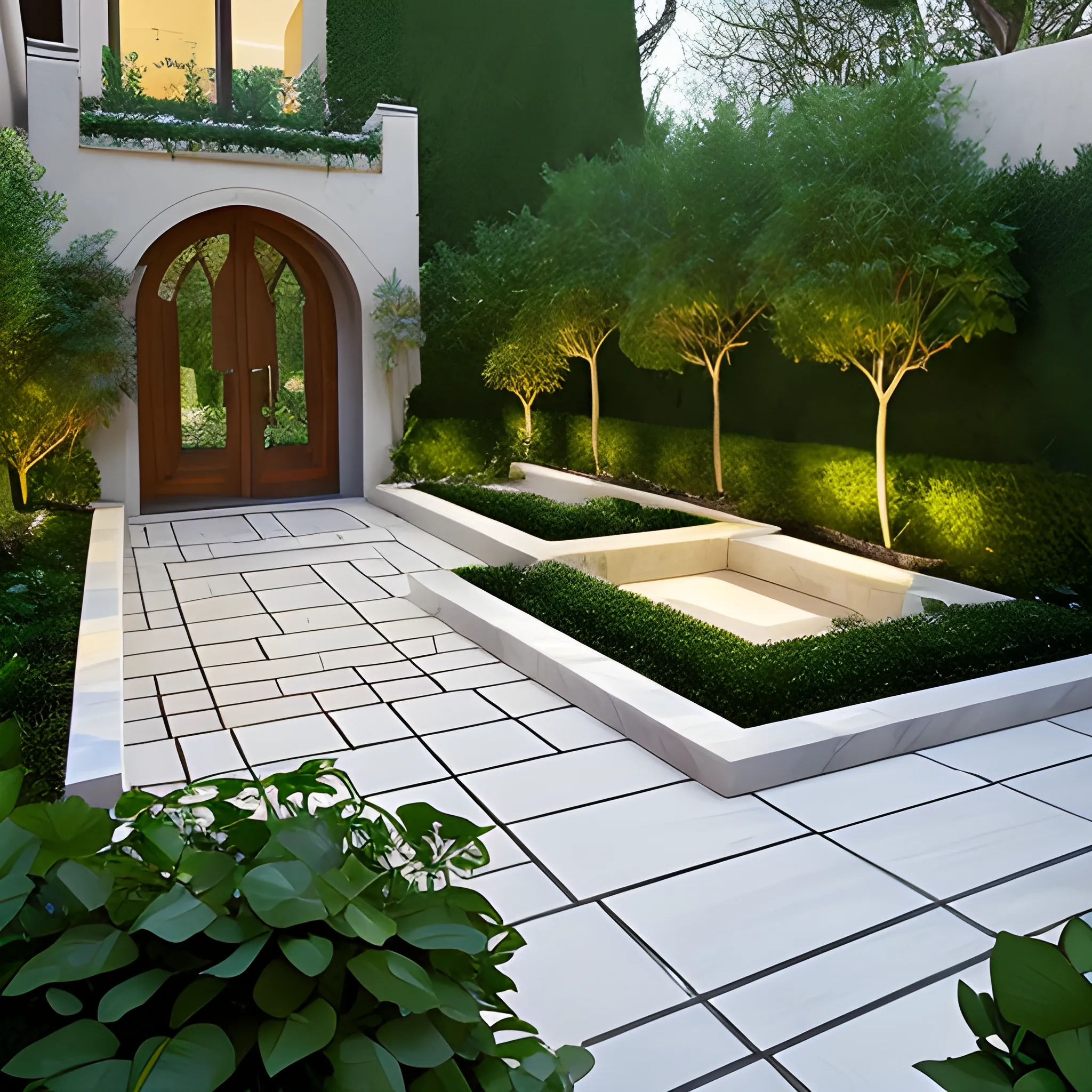 Garden courtyard design plan, marble, a garden with curves, adorned with flowers and greenery, complemented by solar lights, exudes a strong sense of fashion."