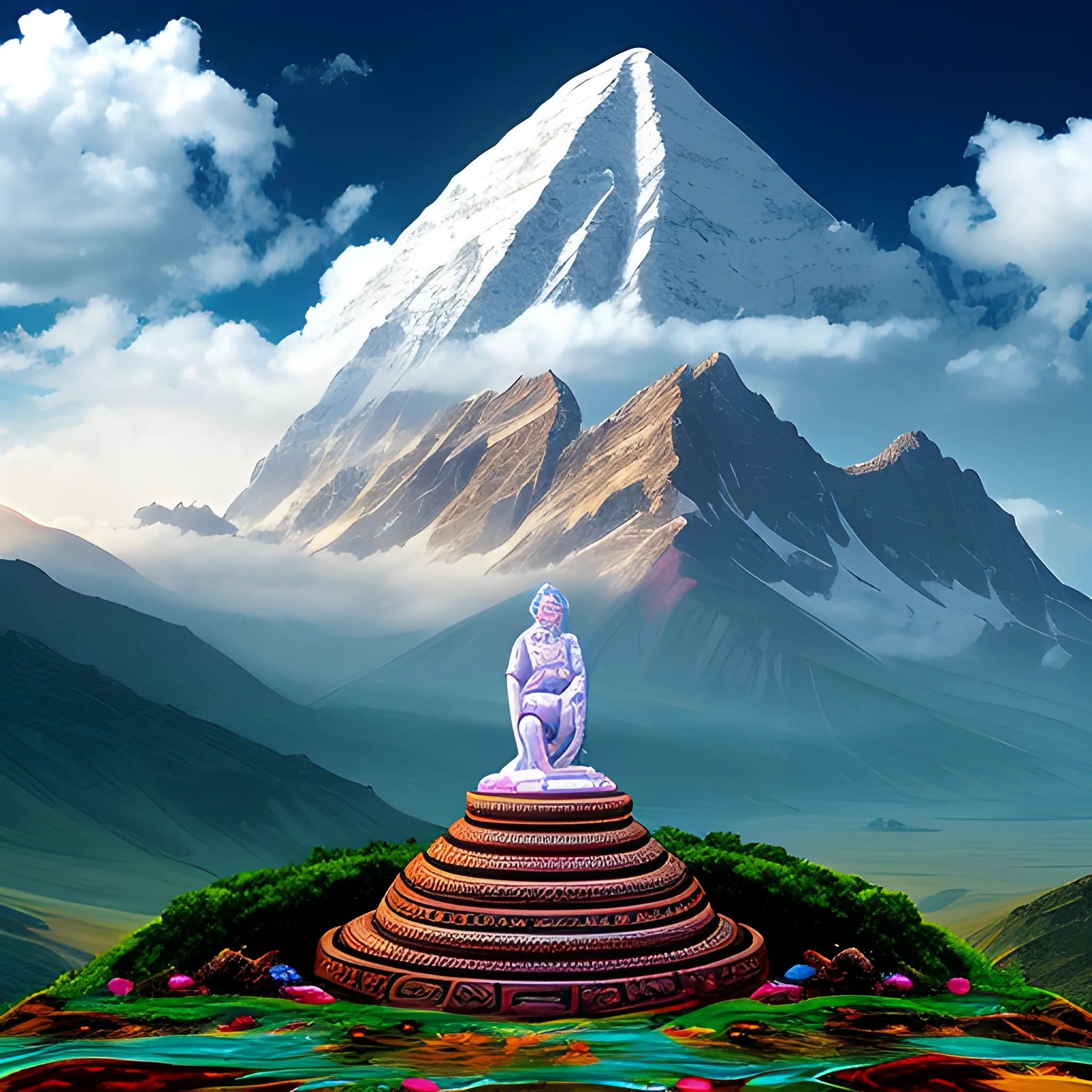 krishna-god 
mountin landscape,
athmospher, clouds, Trippy