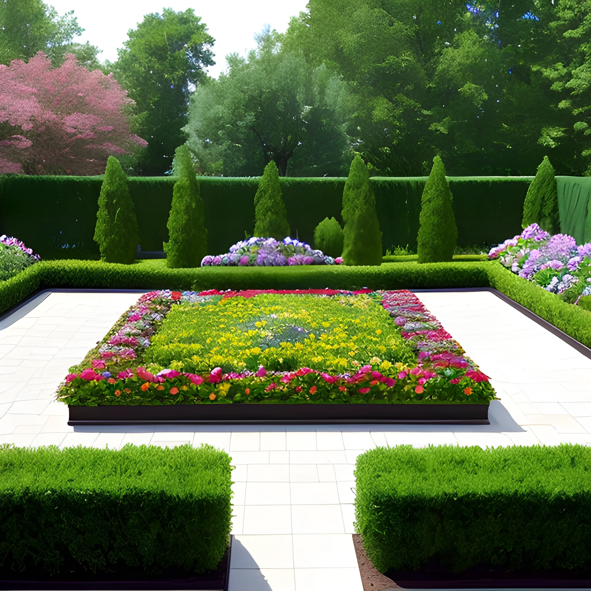 Square garden with curved flower beds, adorned with large marble surfaces, stylish, with a touch of European and American style."